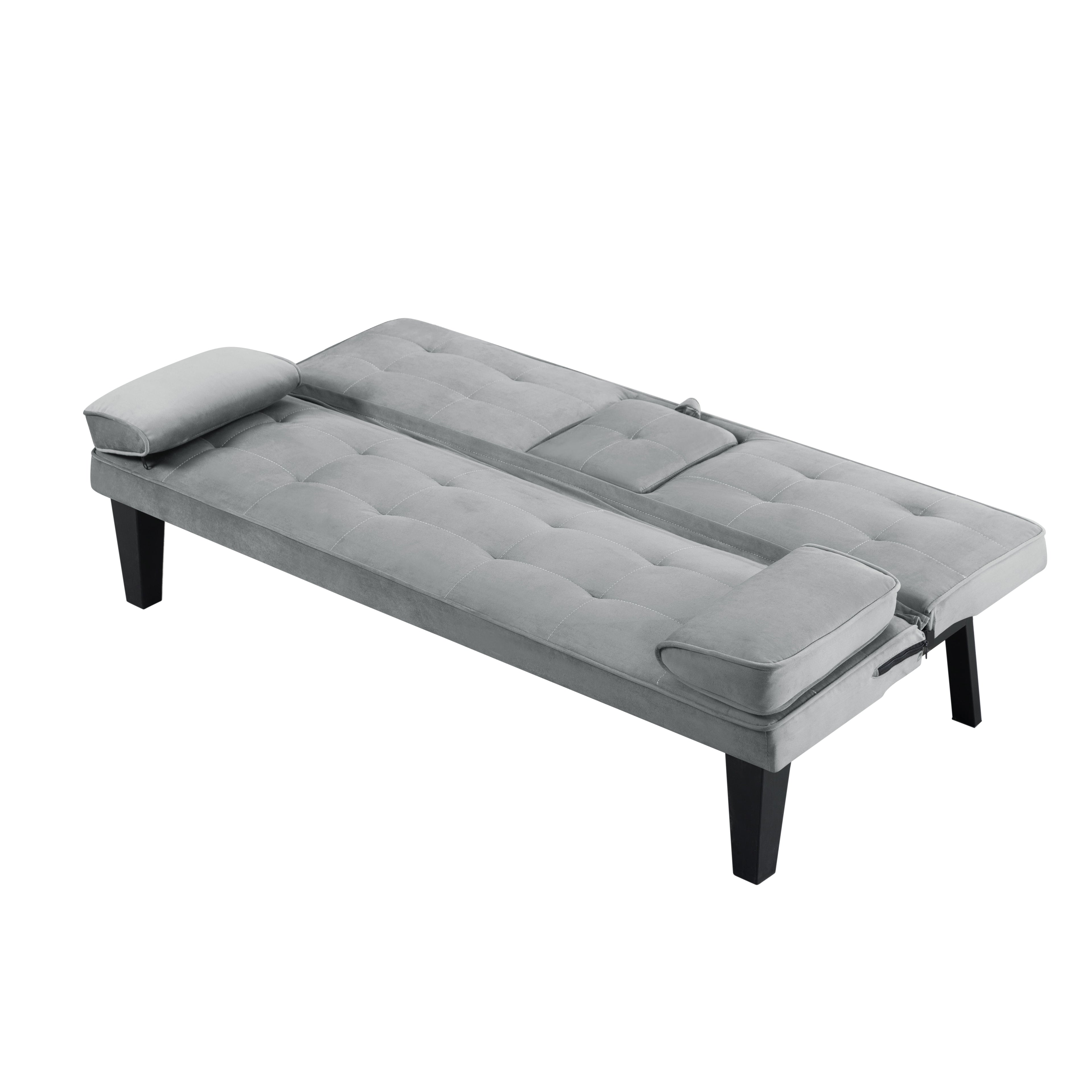 BSHTI 65 Modern Velvet Futon Sofa Bed with Drop Down Cup Holders, 3-Position Adjustable Backrest, Removable Arm Cushions, Chrome Legs for Living Room & Guest Room Black
