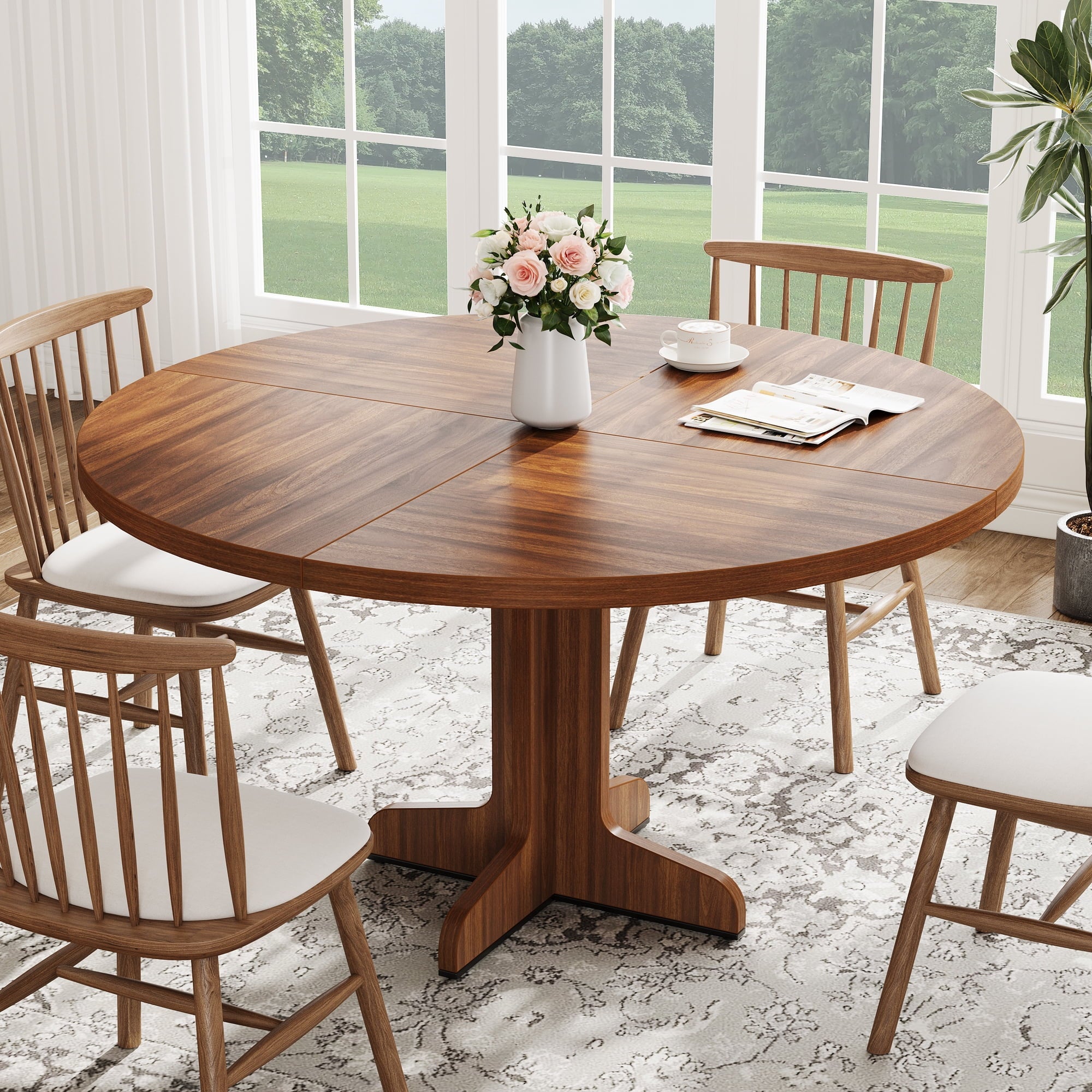 47 Inch Round Dining Table, Wood Kitchen Table, Dinning Room Tables for 4-6 People, Dinner Table with Wooden Tabletop and Legs for Dining Room Living Room (Only Table)