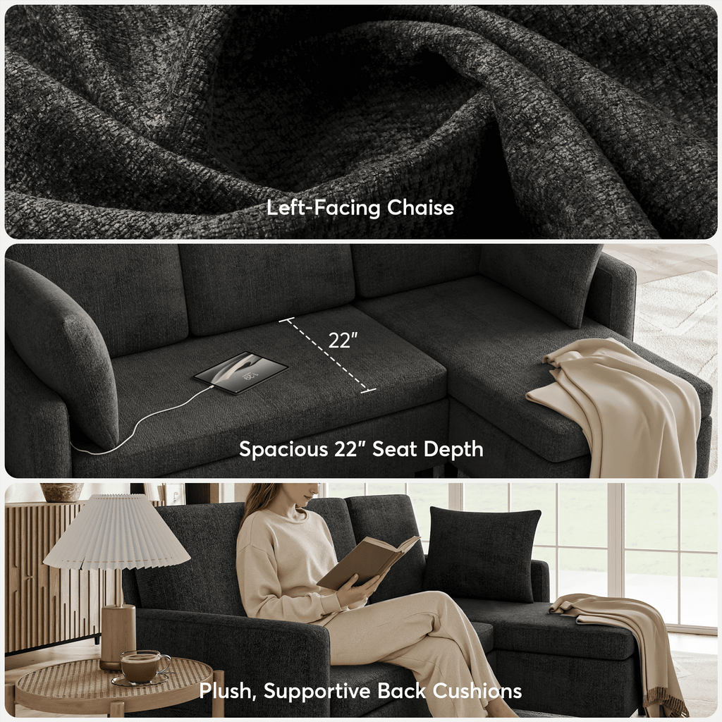 BINBANK L-Shaped Chenille Pull Out Sleeper and Storage Chaise Sectional Futon Sofa Bed with USB, Gray/Beige