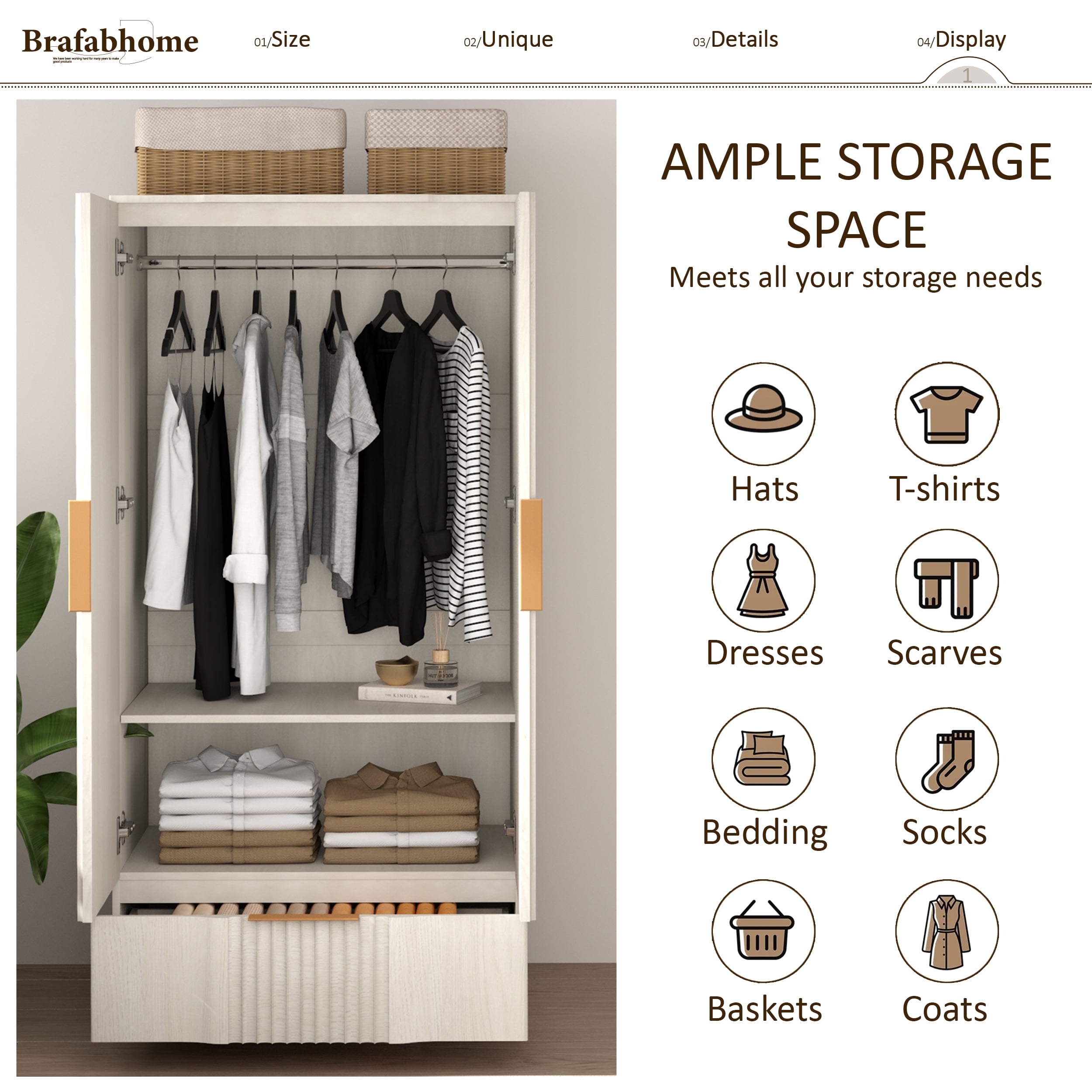 Brafabhome 67H Fluted Armoire Wardrobe Closet with Drawer, Wooden 2 Doors Wardrobe Cabinet with Hanging Rod & Adjustable Shelf for Bedroom | Nature