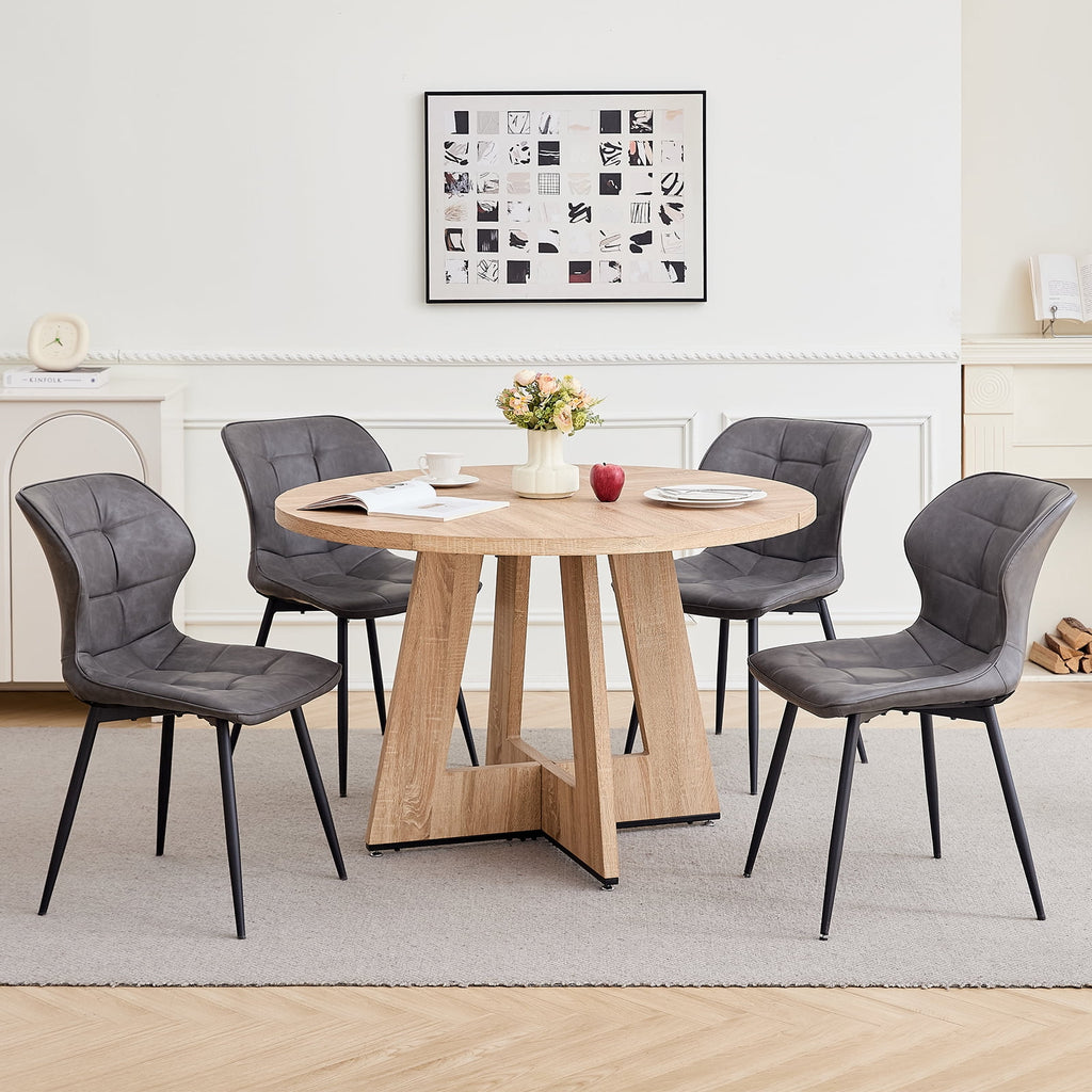 47 Round Dining Table Set for 4 Mid-Century Modern Kitchen Table with 4 Upholstered Chairs Kitchen Coffee Set Dining Table and Chairs for Living Room(Natural Table with 4 Beige Chairs)