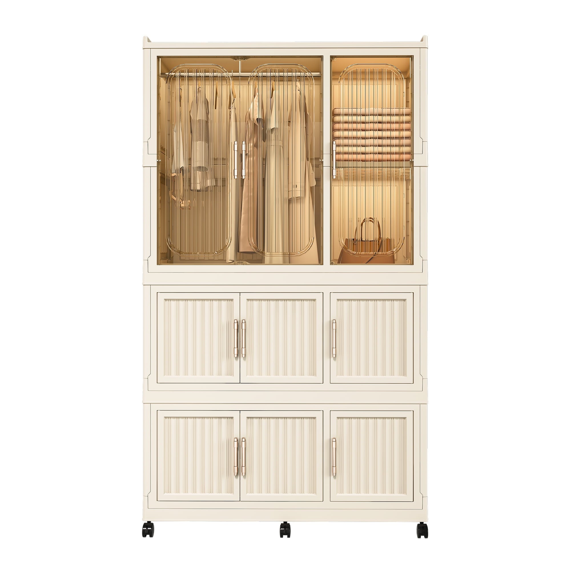 Garmic 62 Foldable Storage Wardrobe with Wheels, Portable Closet Organizer with 9 Magnetic Doors & 2 Hanging Rod, Plastic Armoire for Clothes Toys Books, White