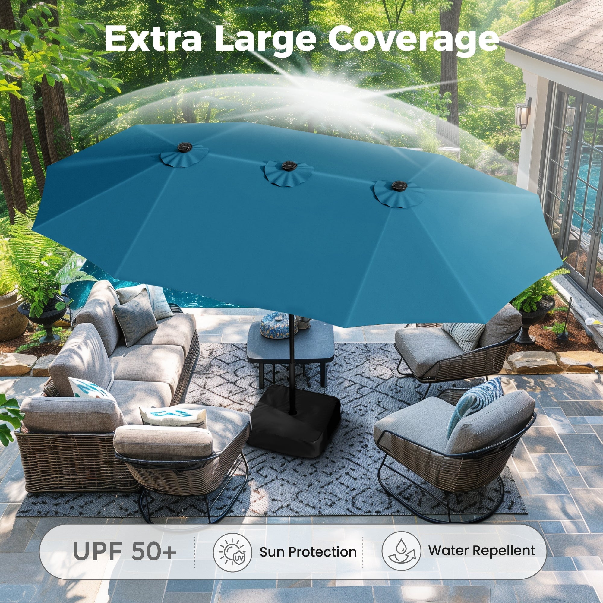 Alpha Joy 15ft Extra Large Outdoor Patio Double-Sided Umbrella with LED Solar Lights & Umbrella Base, Beige