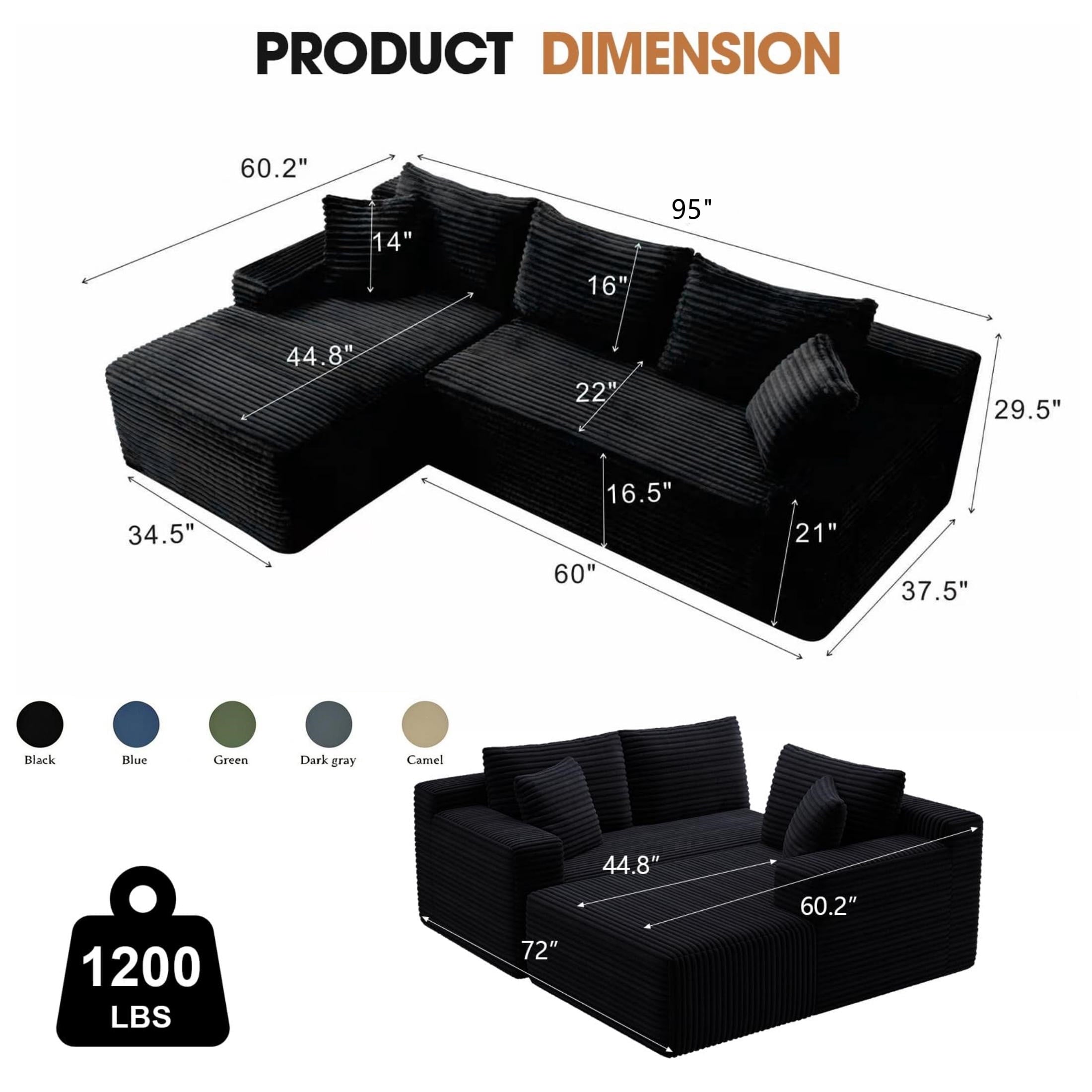 Aukfa 95 Cloud Sectional Sofa Deep Seat Boneless Couch Modular L-Shaped Couch, Left Chaise Corduroy Sofa for Living Room, Black