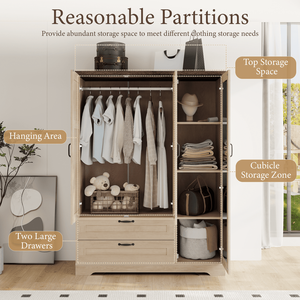 Brafabhome 71H Armoire Wardrobe Closet with 2 Drawers, Farmhouse 2 Doors Armoire Cabinet with Hanging Rod, Modern Freestanding Wardrobe Clothes Cabinet for Bedroom | Gray