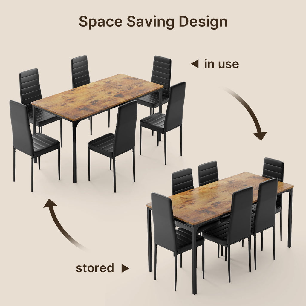 7 Piece Dining Table Set for 6, Kitchen Dining Room Furniture with 6 PU Leather Upholstered Chairs, Suitable for Apartment Small Space, Black