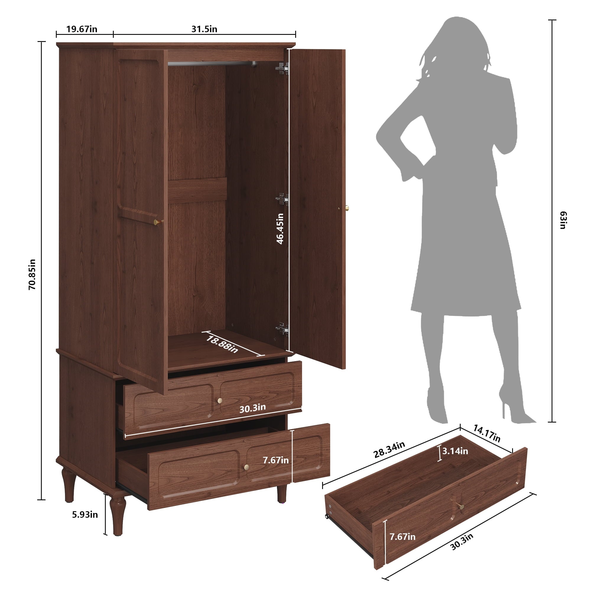 HLR 71 Tall Modern Wood Armoire Wardrobe Closet, Freestanding Cabinet with Hanging Rod for Bedroom, Brown