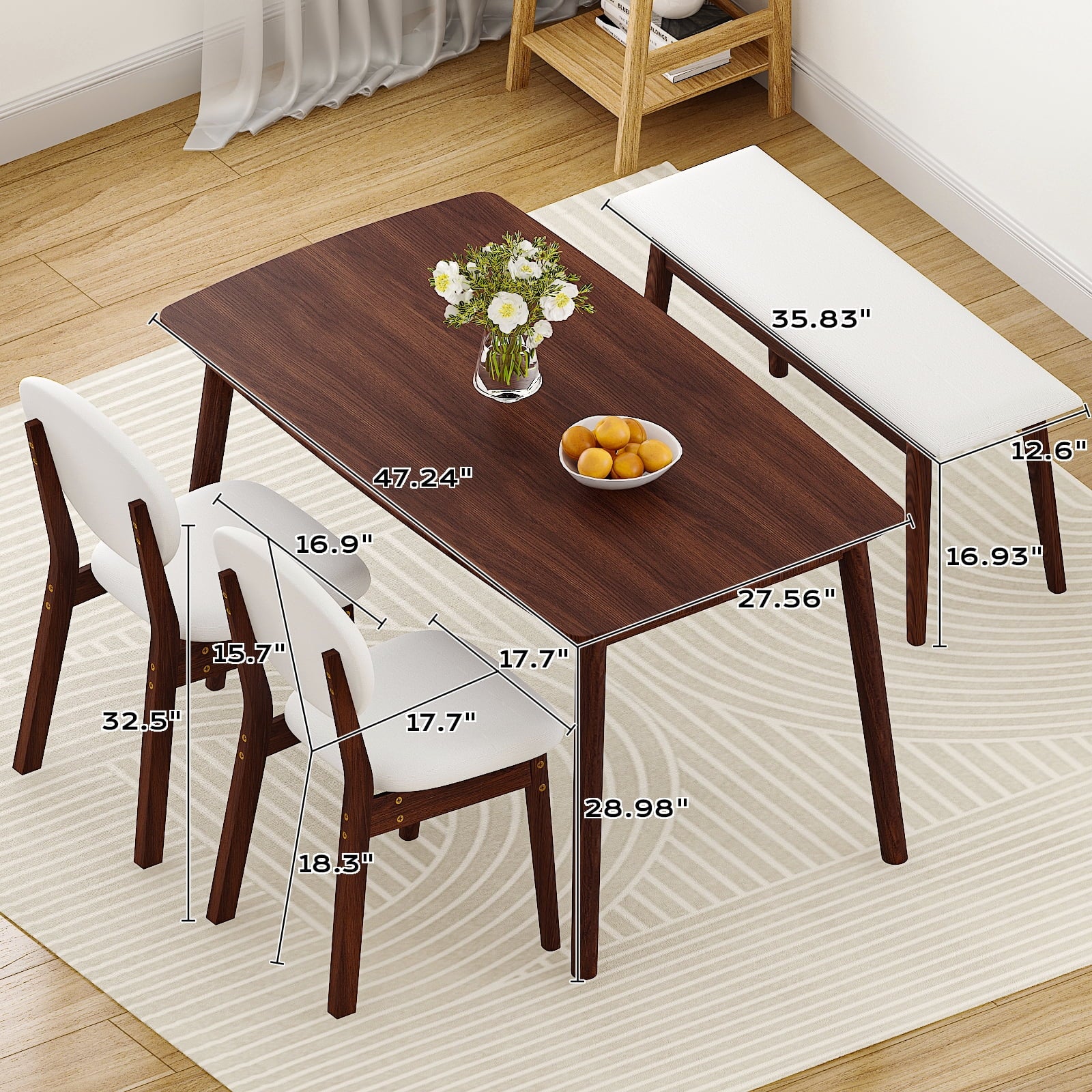 Ktaxon Solid Wood Dining Table Set for 4, Mid-Century Dining Room Table with 2 Padded Chairs & Bench, 47.3 Dining Room Set for 4 Family Use, Natural
