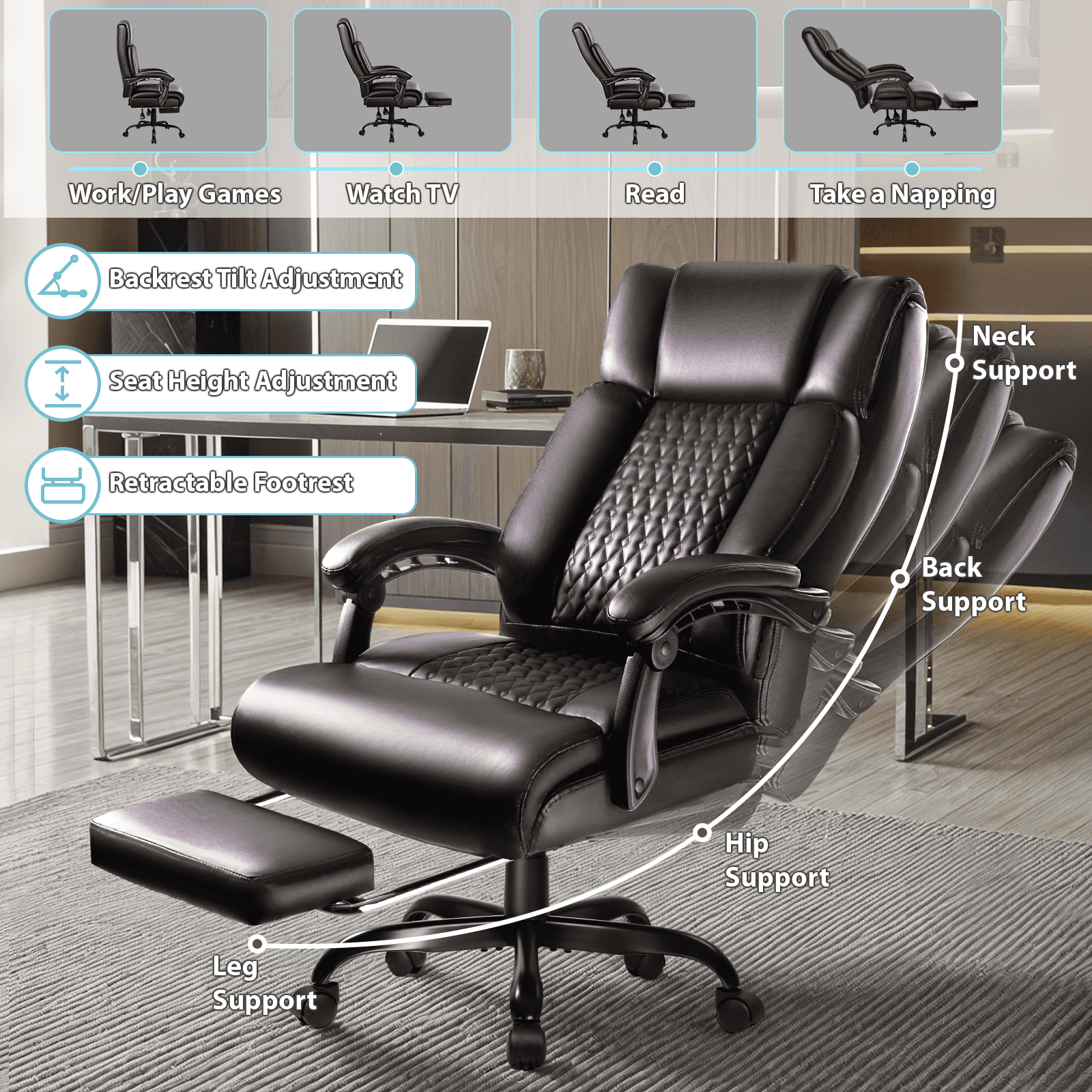 Waleaf Office Chair with Footrest,90-165°Reclining Ergonomic High Back Computer Desk Chair Lumbar Support for Home Office
