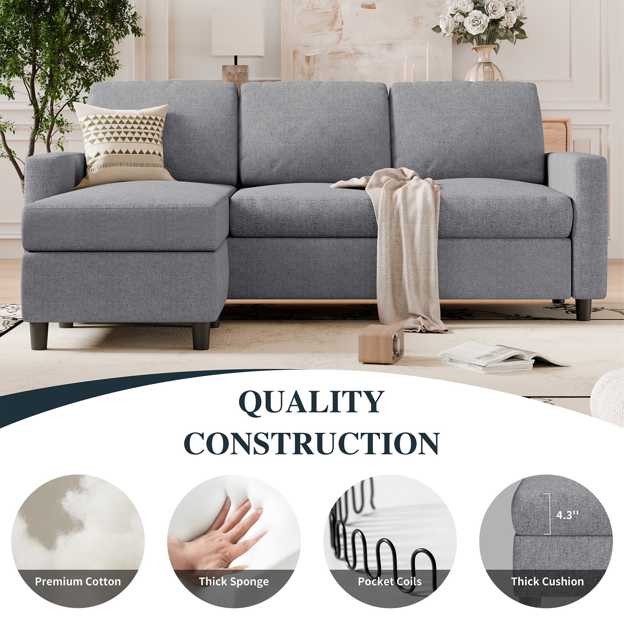 Walsunny 73.6 Convertible Sectional Sofa Couch, L-Shaped 3-Seat Sofa Couch with Reversible Chaise for Small Space,Dark Gray