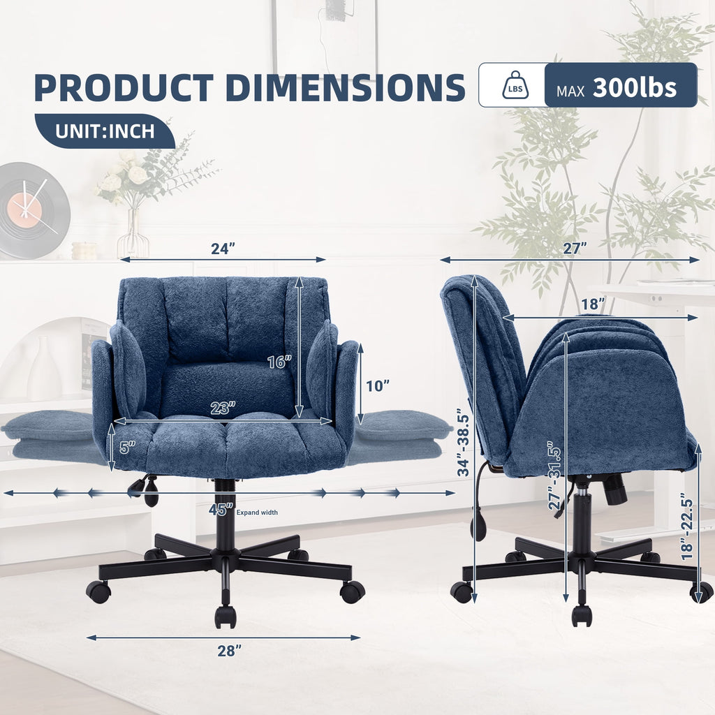 Cross Legged Office Chair with Wheels & Dynamic Airbag Lumbar Support, Criss Cross Wide Seat, 5-Position Fold-Down Armrests, Swivel Vanity Chair for Home Office, Dark Green