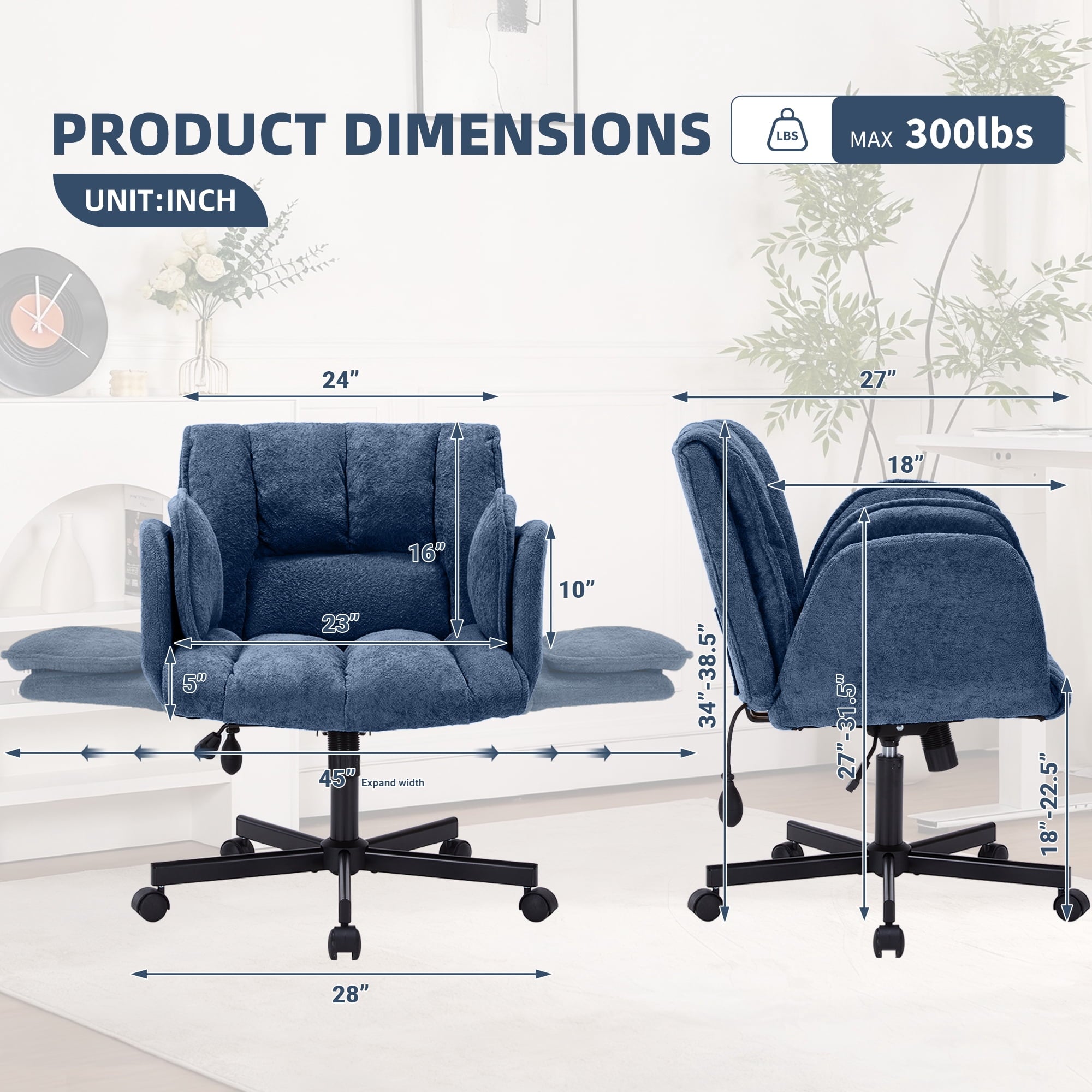 Cross Legged Office Chair with Wheels & Dynamic Airbag Lumbar Support, Criss Cross Wide Seat, 5-Position Fold-Down Armrests, Swivel Vanity Chair for Home Office, Dark Green