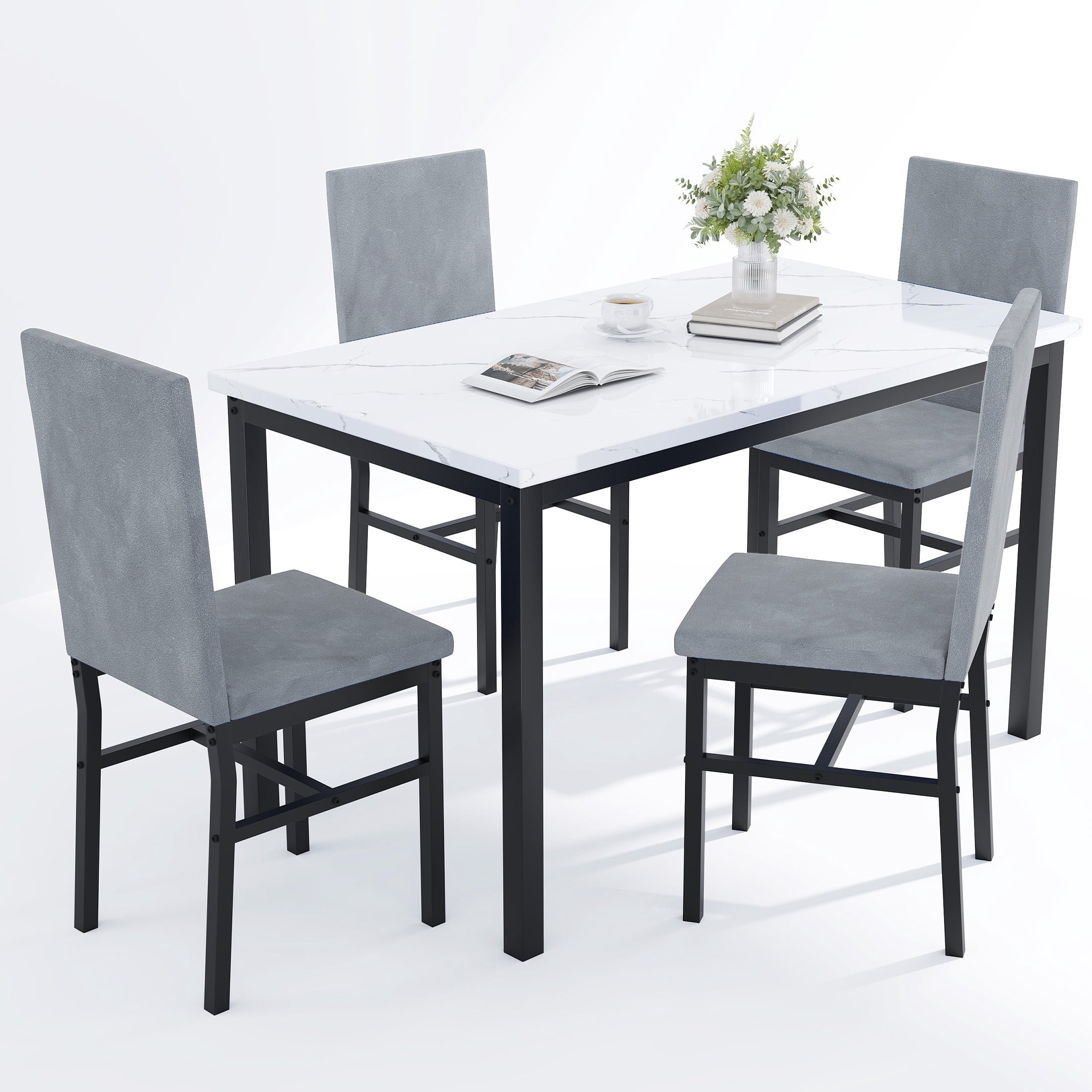 UHOMEPRO Dining Table Set for 4, 5 Piece Dining Room Table Set with Gray Velvet Upholstered Chairs, White Faux Marble Pattern Rectangle Kitchen Table Set for Breakfast Nook Small Space