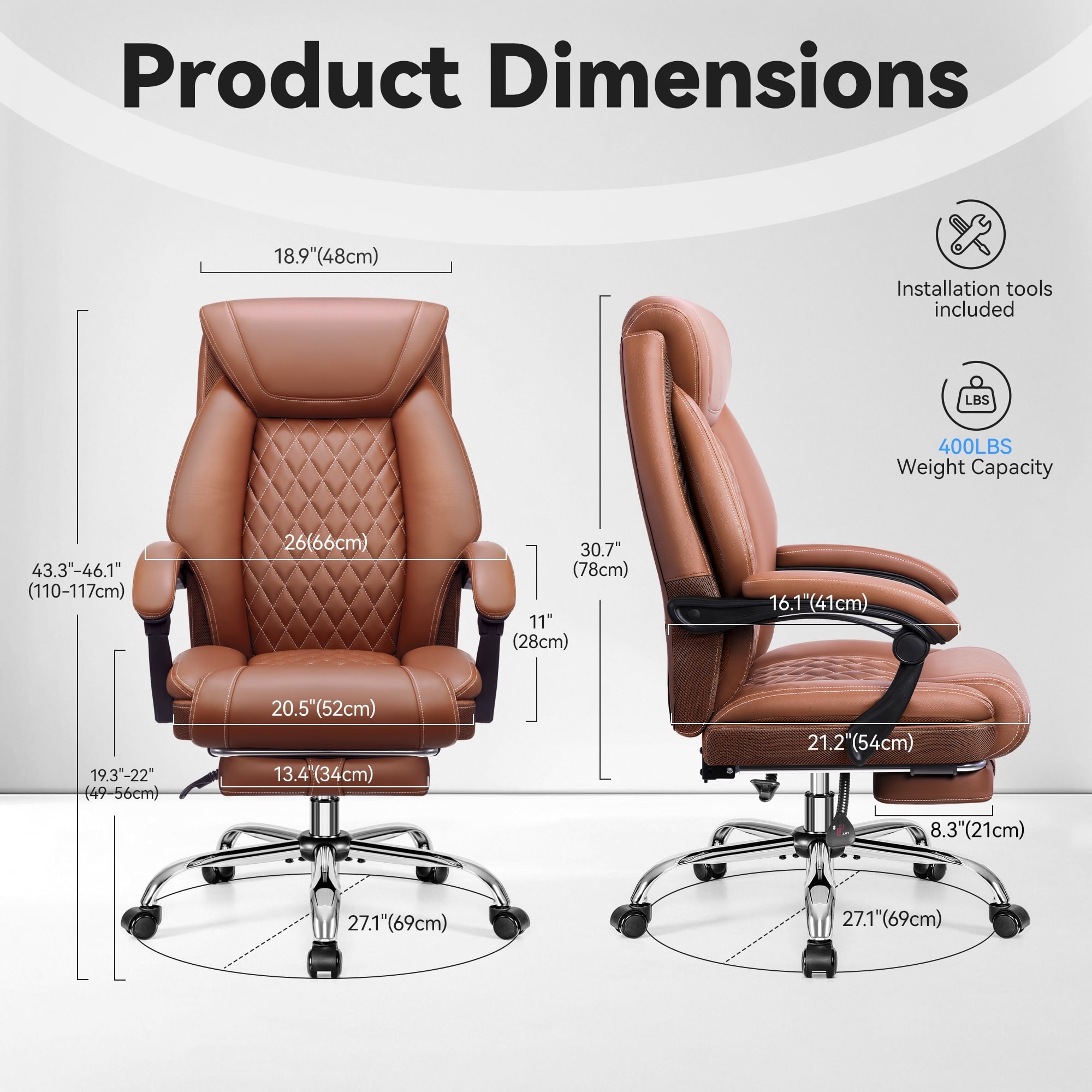 FASTES Ergonomic Office Chair, Big and Tall Leather Desk Chair with Footrest and Lumbar Support, 2-Position Reclining Executive Computer Chair, Black
