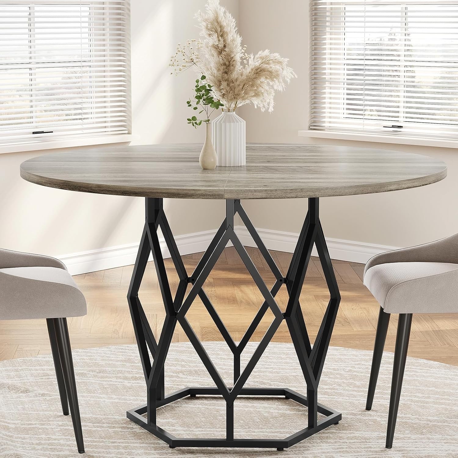 M optimized Round Dining Table for 4-6 People, 47 Farmhouse Kitchen Table, Modern Circle Dinner Table with Sturdy Base, Industrial Wood Dinning Room Table for Kitchen