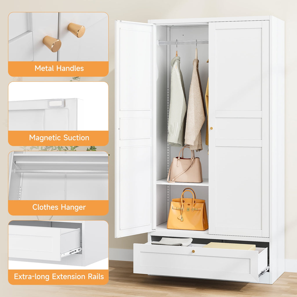 STANI Metal Wardrobe Closet with Hanging Rod, 72 White Armoire Wardrobe Cabinet with Adjustable Shelves, Clothes Storage Organizer Cabinets for Bedroom, Bathroom, Office