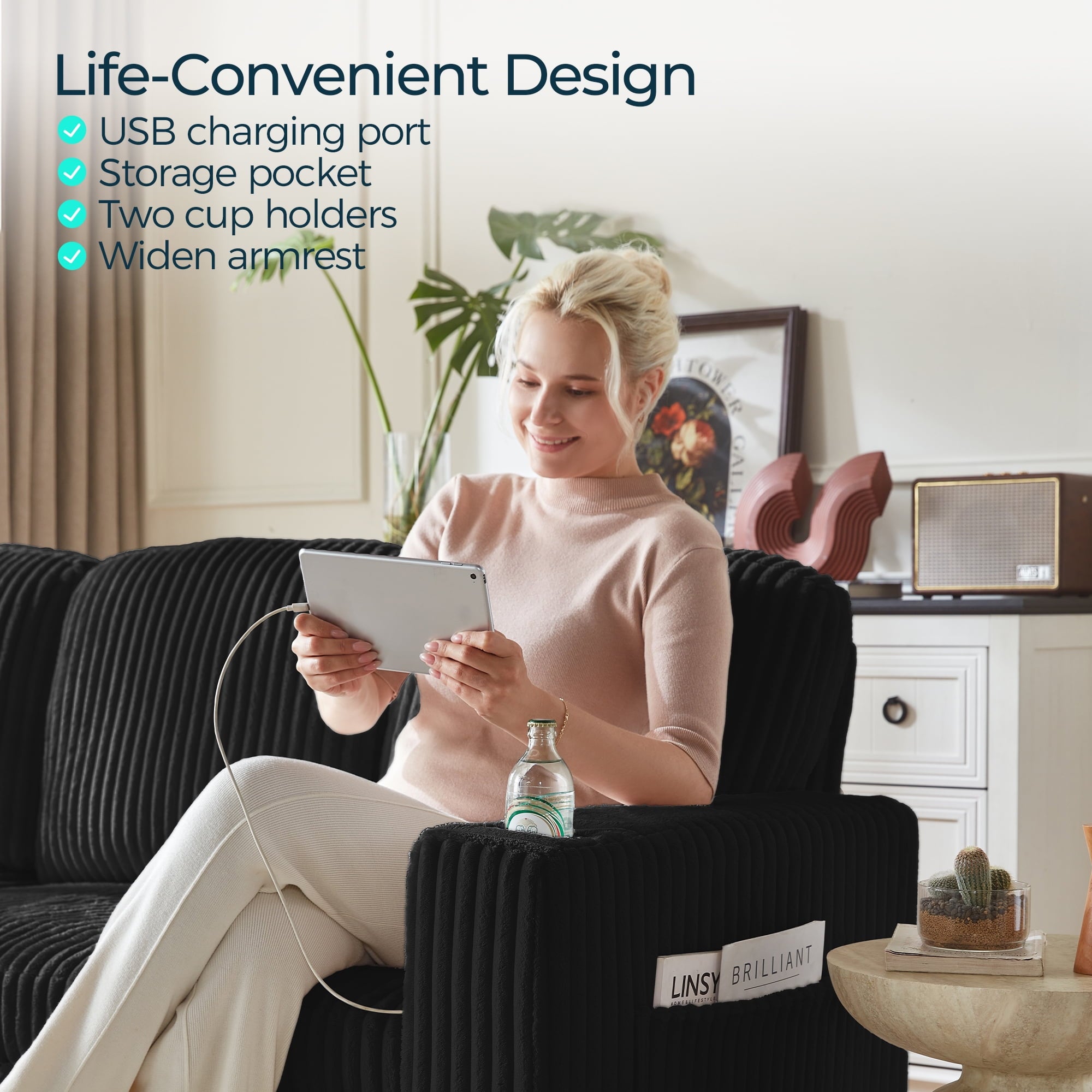 LINSY HOME L Shaped Sectional Couches for Living Room, Sleeper Sofa Bed with Reversible Storage Chaise, Pull Out Couch Bed with USB, Cup Holder, Black