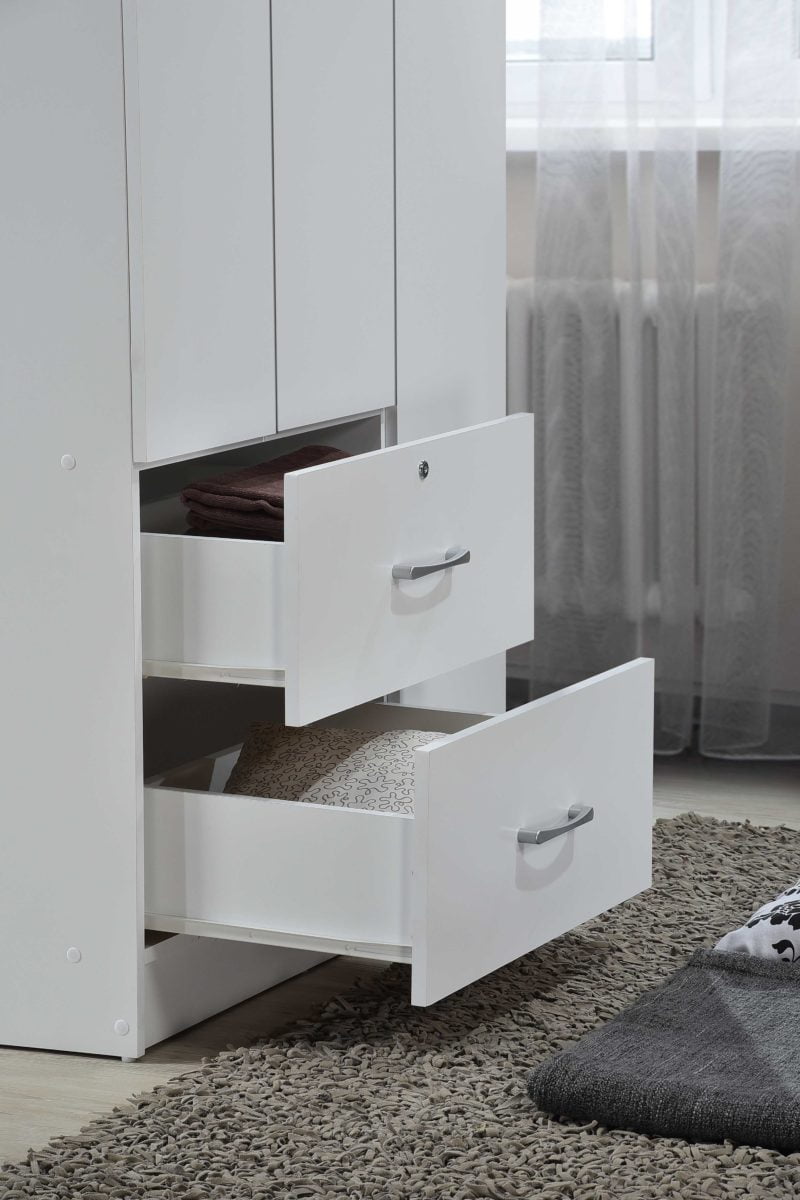 Hodedah 3 Door Bedroom Armoire with Drawers, White Finish