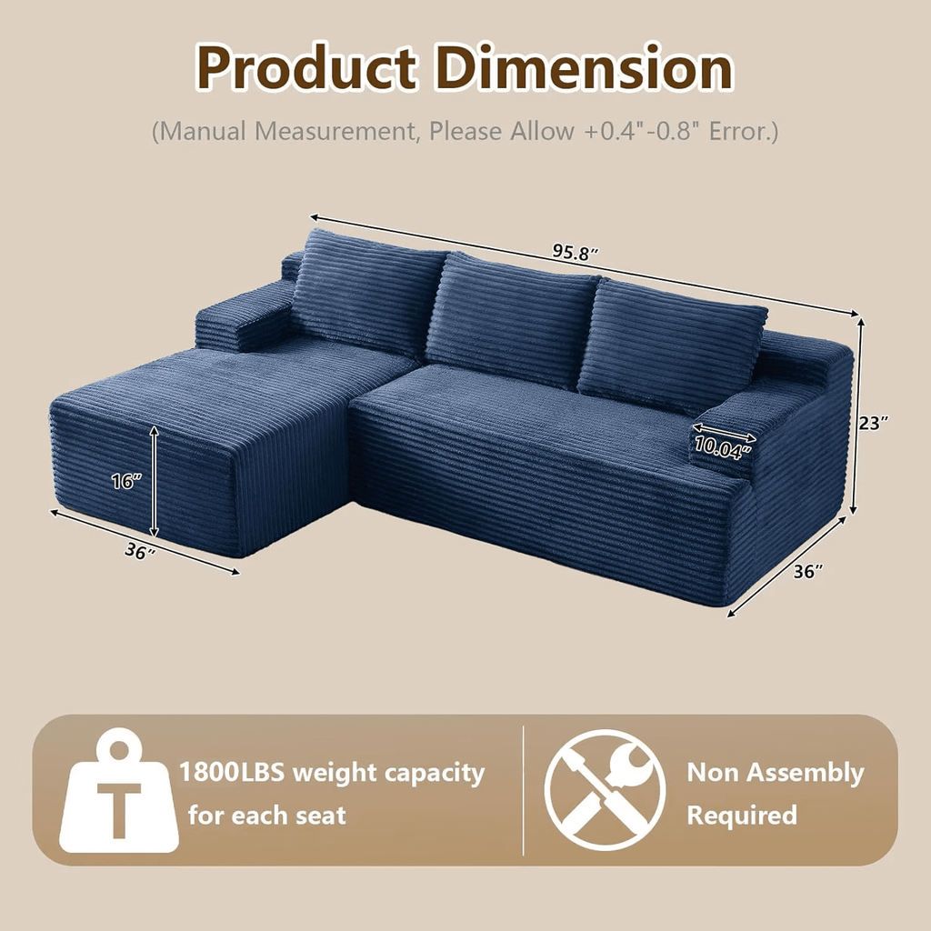 96 Boneless Cloud Couch with Chaise, Modular Sectional Sofa for Living Room, No Assembly Required, Deep Seat Corduroy Couch, Green