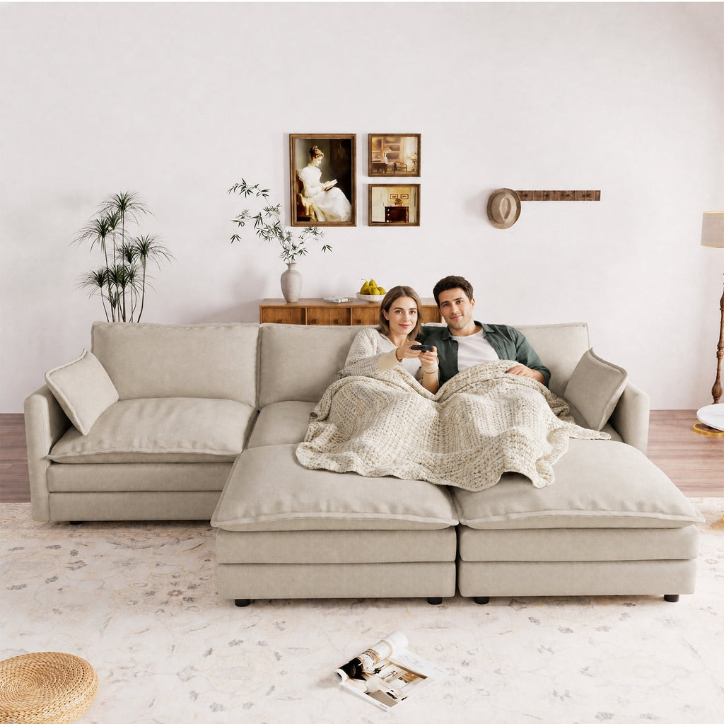 Muumblus Sectional Sofa Cloud Couch with Reversible Ottoman, L-Shaped Chenille Sofa for Living Rooms, Beige
