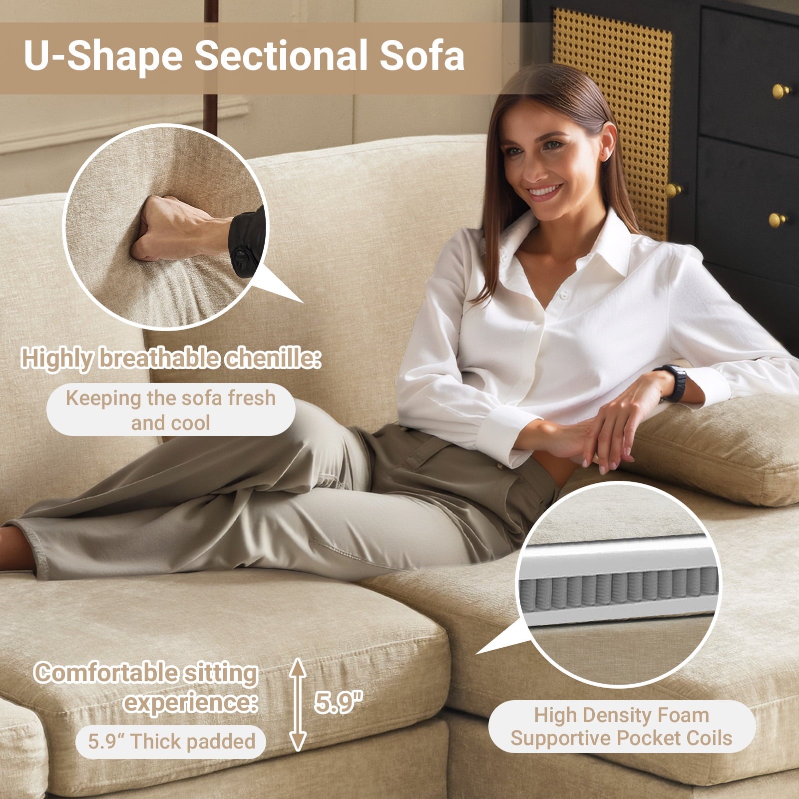 Ktaxon U-Shaped Sectional Sofa, 111  Chenille Couch, 4 Seat Lounge Sleeper with Double Chaise for Living Room Black