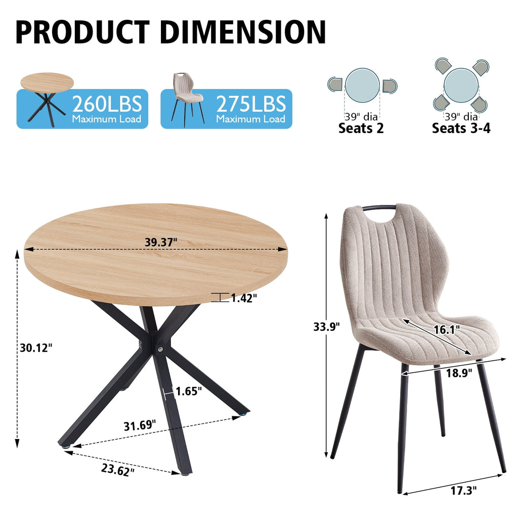 5 Piece 39 Round Dining Table Set for 4, Mid Century Kitchen Table with 4 Khaki Fabric Upholstered Dining Chairs for Apartment Living Room, Space Saving Table.