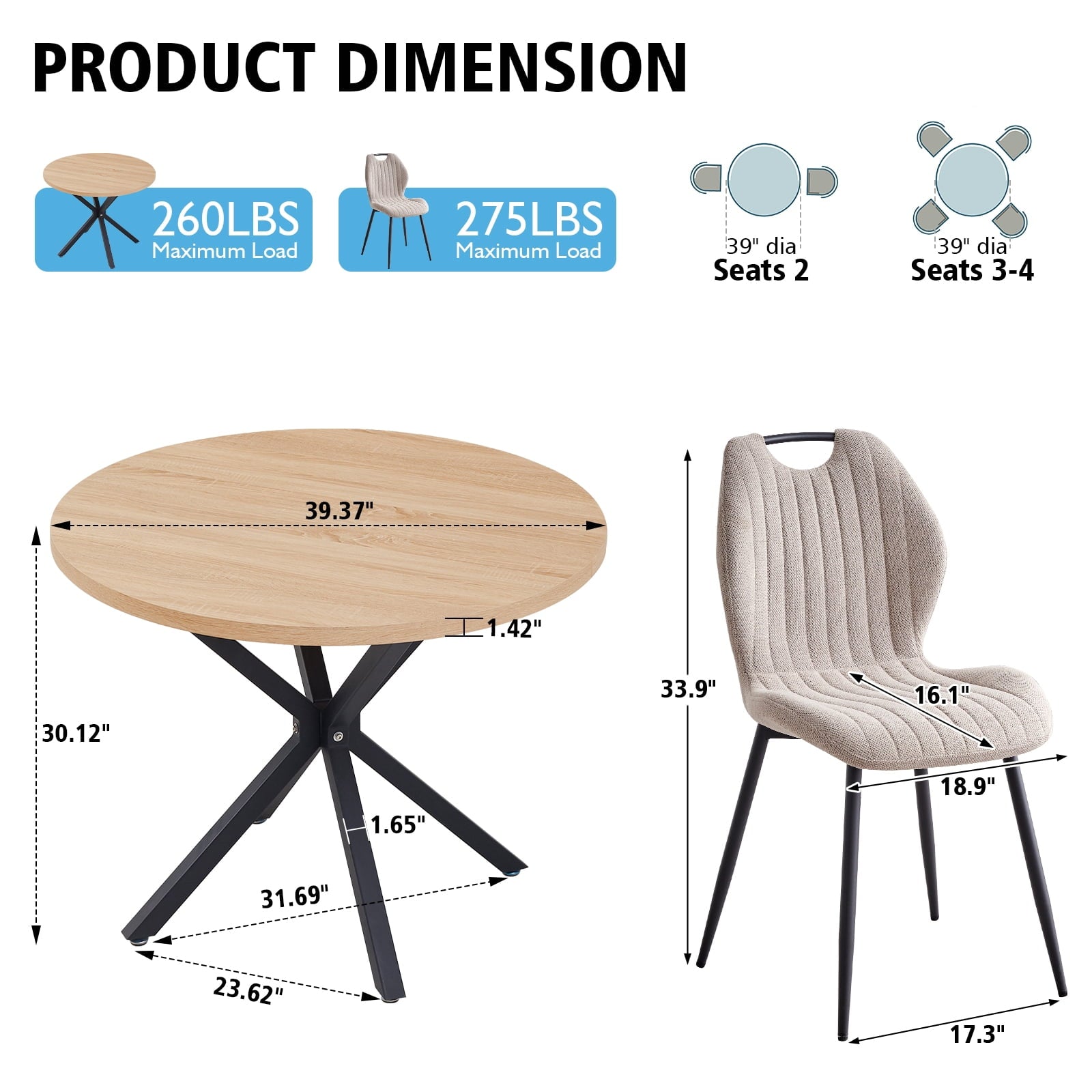 5 Piece 39 Round Dining Table Set for 4, Mid Century Kitchen Table with 4 Khaki Fabric Upholstered Dining Chairs for Apartment Living Room, Space Saving Table.