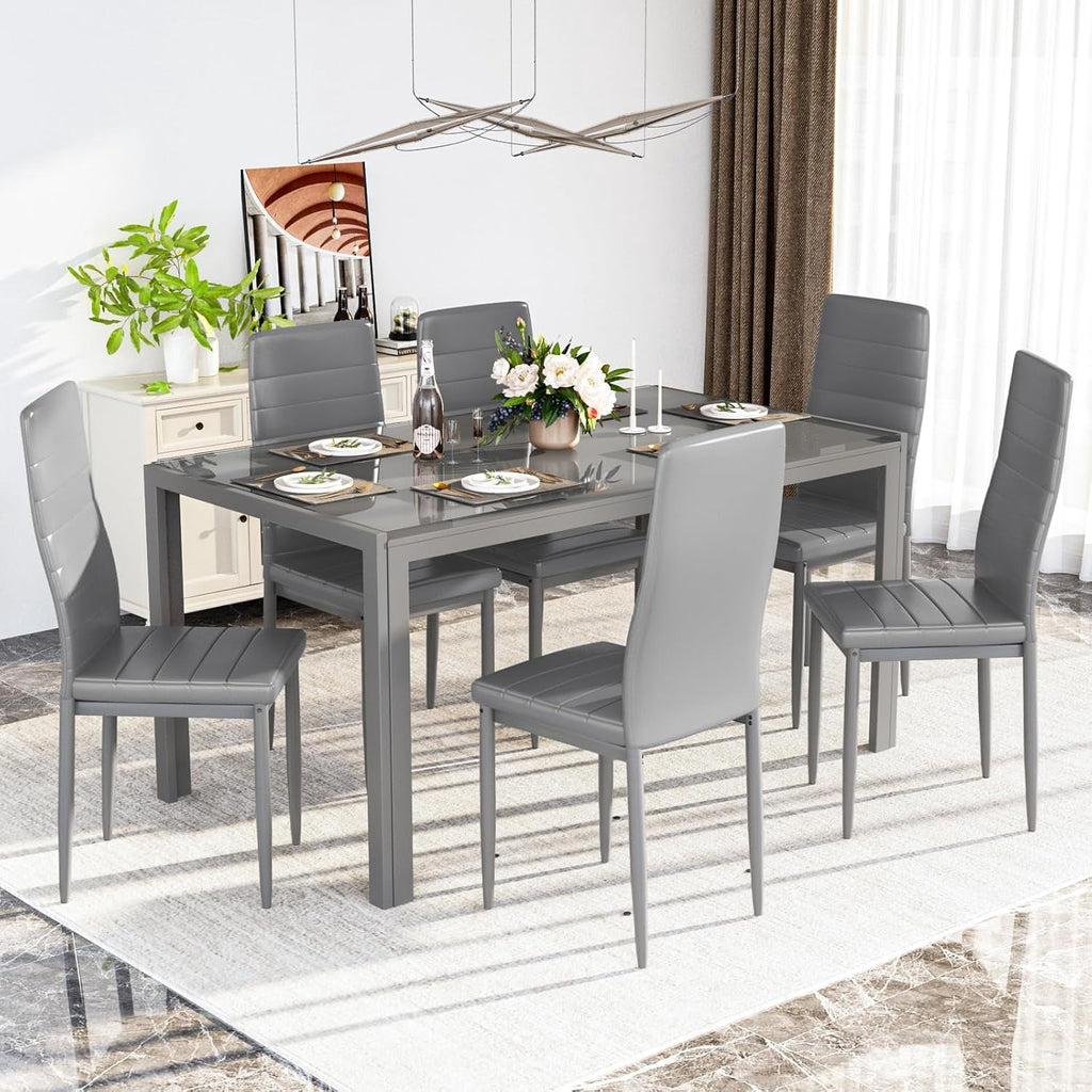LinkRomat 7-Piece Glass Dining Table Set for 6, Modern Kitchen Table with PU Leather Chairs, Black Dining Room Table and Chairs Set for Small Space, Apartment
