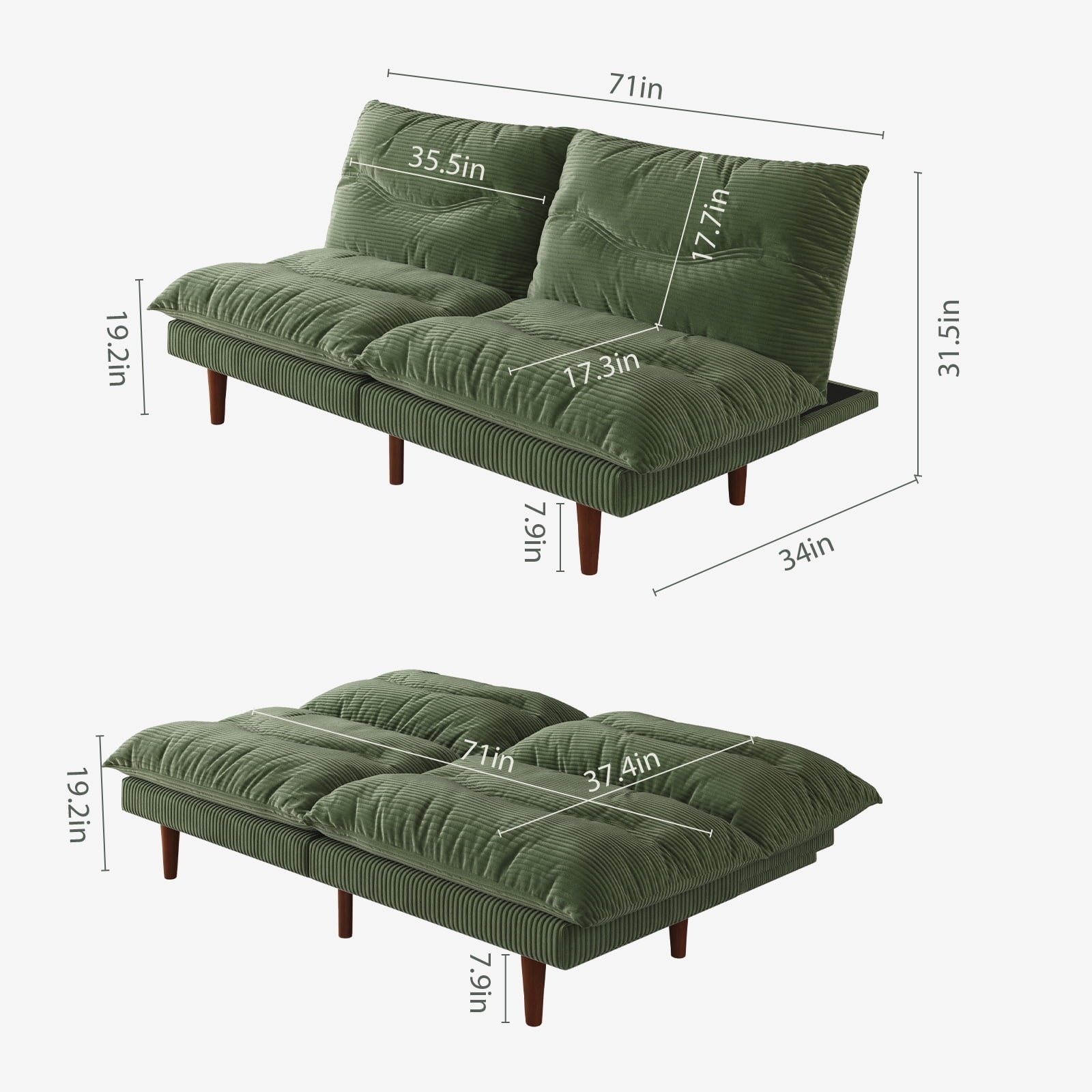 LLappuil 71 Corduroy Futon Convertible Sofa Bed, Loveseat Sleeper Sofa Couch for Living Room Apartment Green