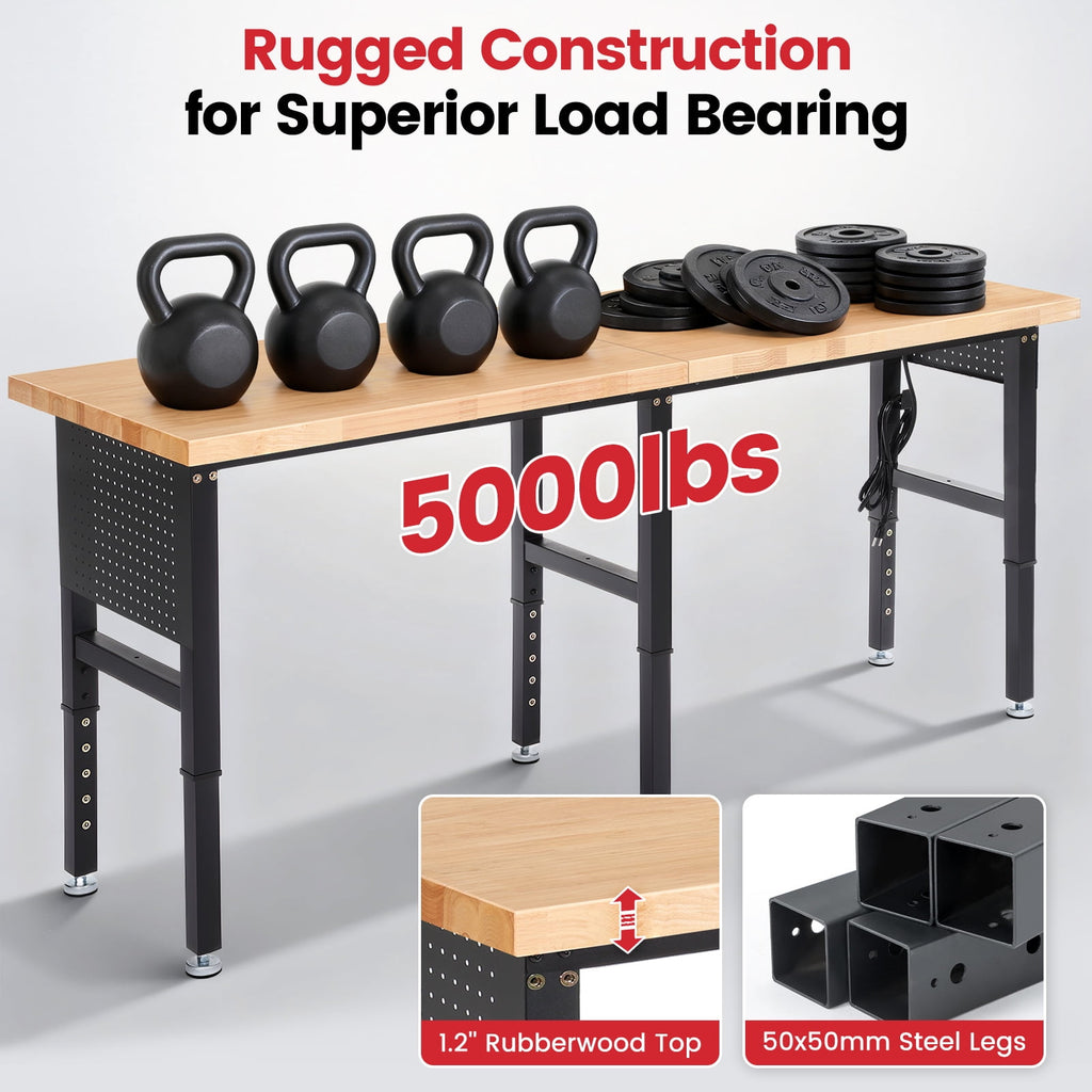 Workbench for Garage,ENJOYWOOD Heavy Duty 84 inch Wood Work Bench with Power Outlets and Peoboards,Rubber Wood Tabletop,5000 LBS Load Bearing Workstation Garage Desk Work Table