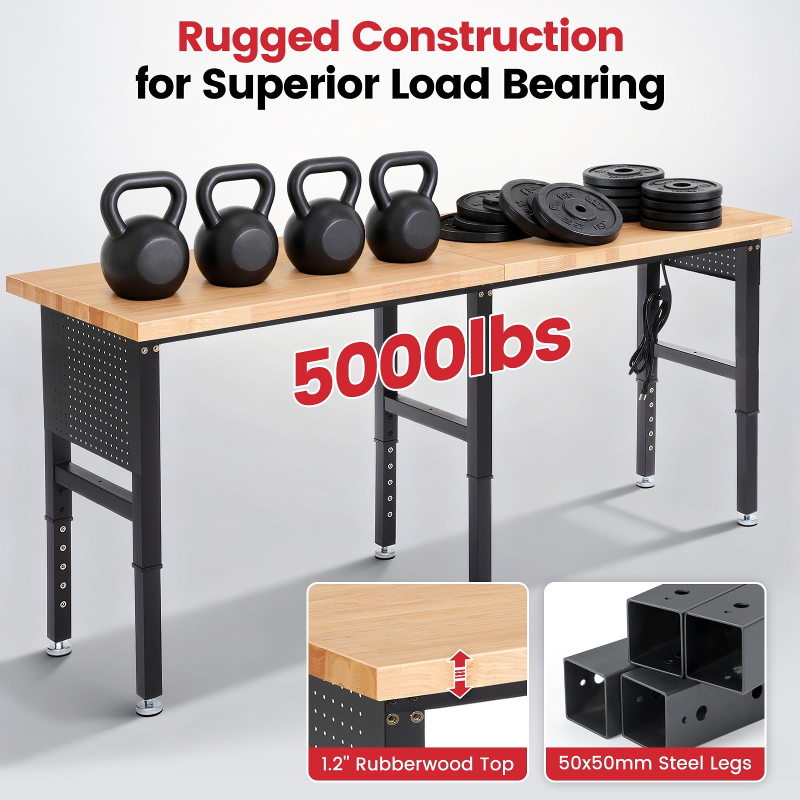 Workbench for Garage,ENJOYWOOD Heavy Duty 84 inch Wood Work Bench with Power Outlets and Peoboards,Rubber Wood Tabletop,5000 LBS Load Bearing Workstation Garage Desk Work Table