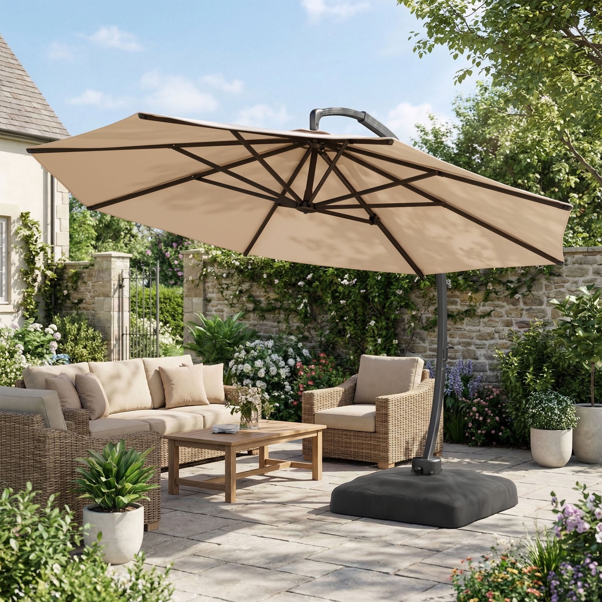 LAZZO 12ft Outdoor Patio Umbrella with Base and Lights, Aluminum Offset Cantilever Umbrella for Pool Deck, Champagne