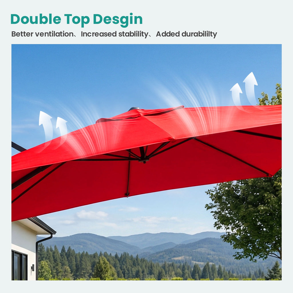 MOALCOFER 10x13FT Outdoor Offset Cantilever Patio Umbrella with 360° Rotation, 8 Ribs, Crank & Tilt, Large Hanging Sun Shade for Backyard, Deck, Poolside,Red