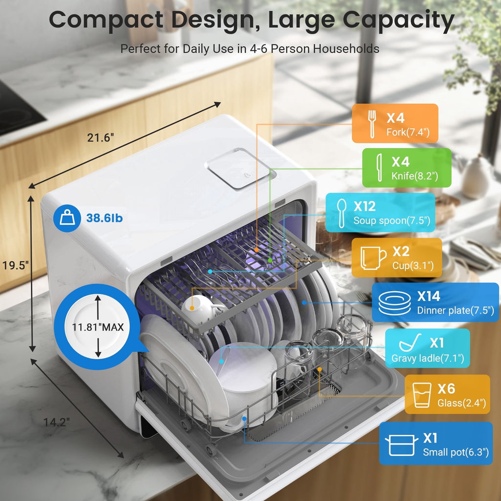 Portable Countertop Dishwashers, Compact Smart Dishwashers with 5 L Built-in Water Tank,5 Modes and Baby Care for Apartments& RVs, No Installation Needed