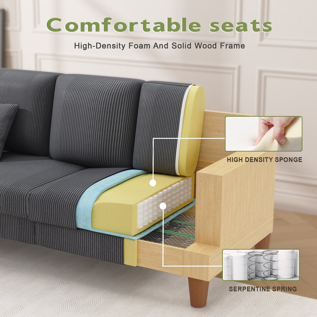AAQZ 87 Corduroy Sofa Couch for Living Room, 3 Seater Deep Seat Comfy Couch in a Box, 2 Cushions, 2 Pillows Tool-Free Setup,Gray