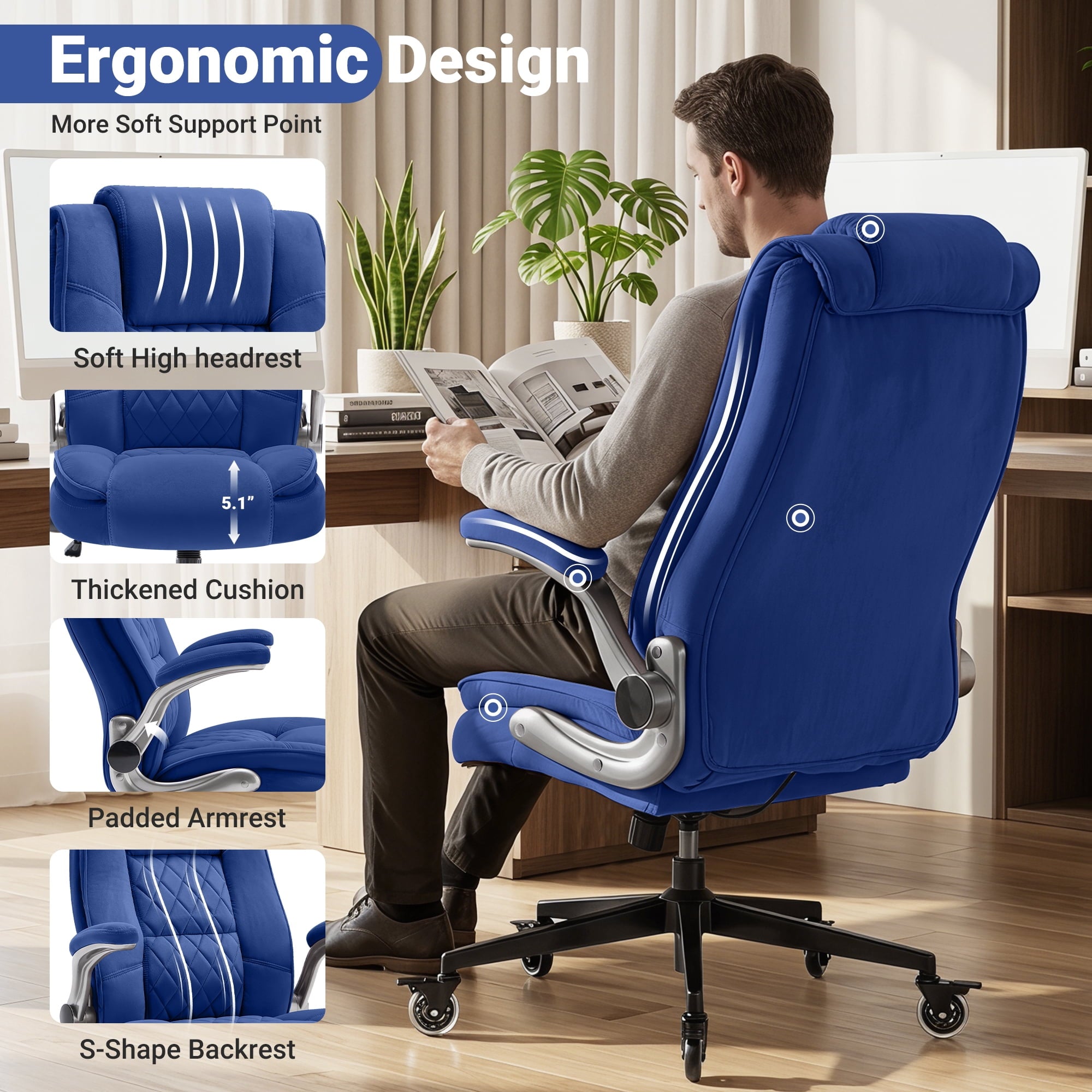 Ergonomic Home Office Chair with Locking Wheels, High-back Desk Chair with Thick Padded Flip-up Armrest, Comfy Executive Chair with Adjustable Lumbar Support for Home & Office & Work
