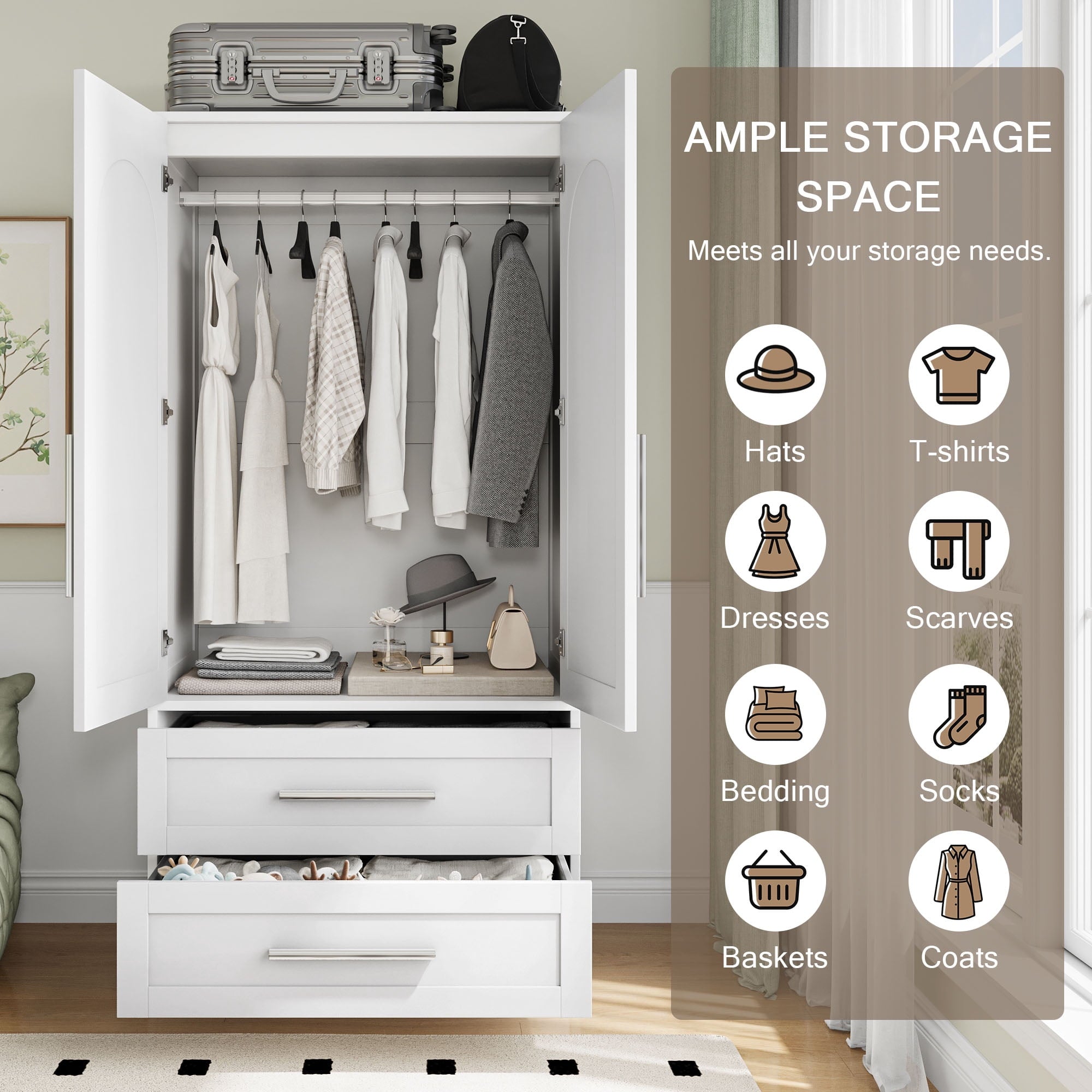 iPormis Wooden Armoire Wardrobe Closet with 2 Drawers, Clothing Storage Cabinet with Shelves Aluminum Hanging Rod, Sturdy Freestanding Modern Bedroom Clothing Armoires, White