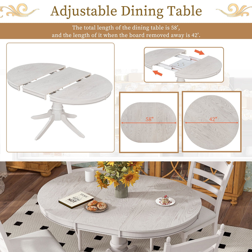 Harper & Bright Designs Farmhouse 5 Piece Kitchen Dining Table Set for 4, Solid Wood Extendable Round Dining Table Set and 4 Upholstered Chairs, Retro Dining Set for Kitchen, Natural Wood Wash