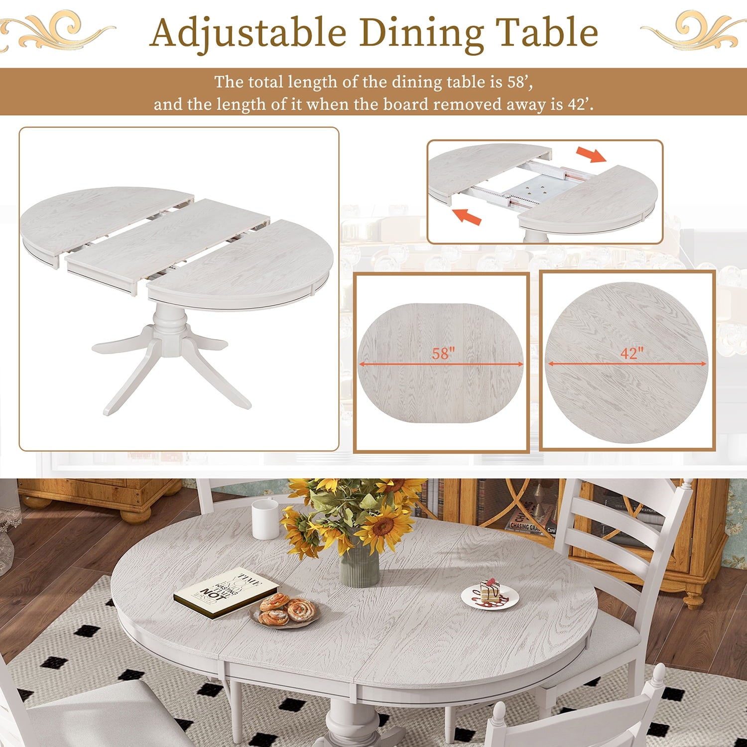 Harper & Bright Designs Farmhouse 5 Piece Kitchen Dining Table Set for 4, Solid Wood Extendable Round Dining Table Set and 4 Upholstered Chairs, Retro Dining Set for Kitchen, Natural Wood Wash