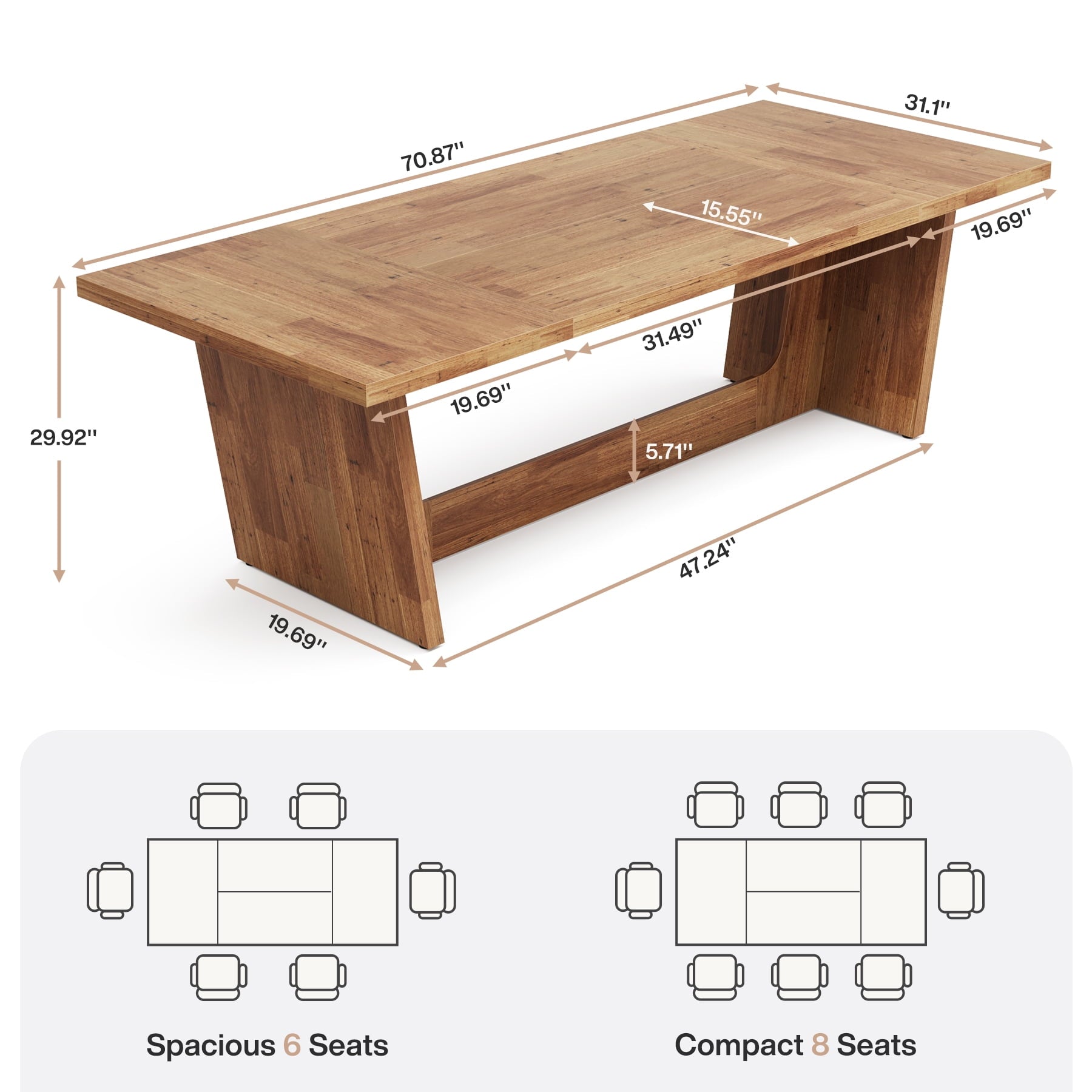 Fnova 70.87 Rectangular Dining Table for 4-6 People, Farmhouse Wood Kitchen Table with Sturdy Legs, Easy to Assemble