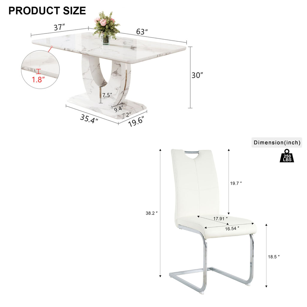 63 Modern White Rectangle Faux Marble Dining Table Room Sets for 4,Dining Table with 4 Velvet Dining Chairs,White Table and 4 Gray Chairs with Silver Leg