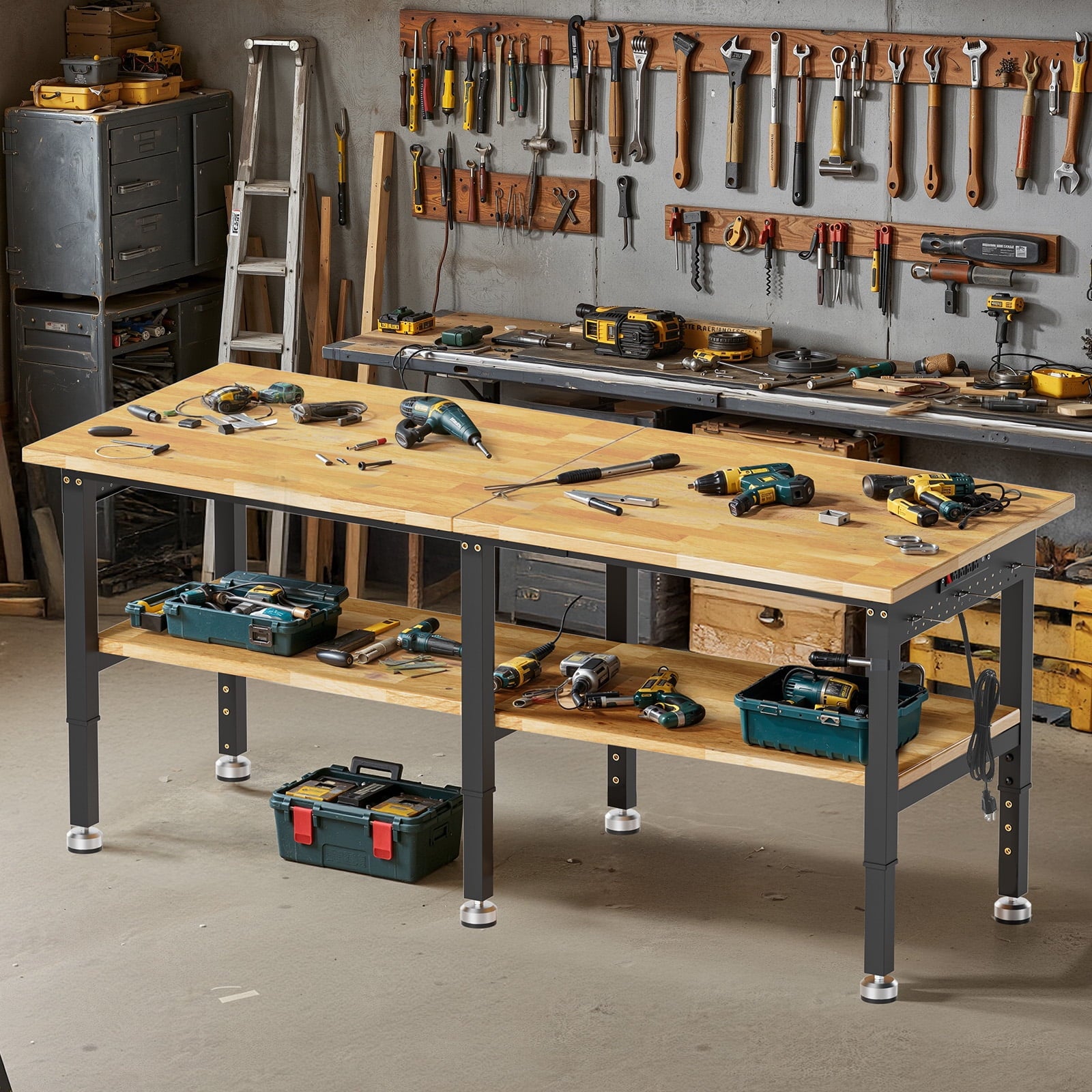 MUWOOD 96-inch Adjustable Height Workbench with Adjustable Height, Wood Worktop, 5000 LBS Load Capacity for Garage, Workshop