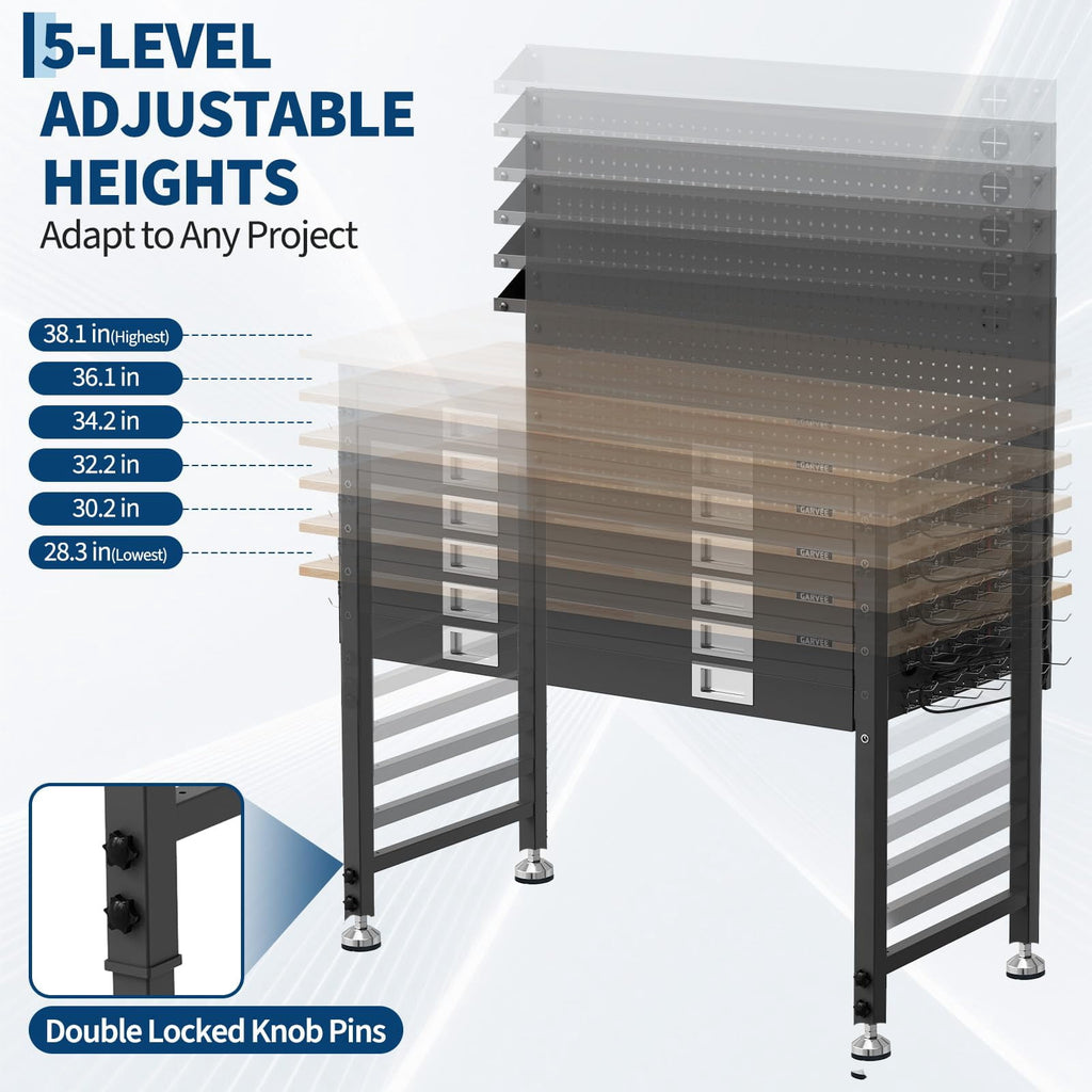 Garvee Work Tables for Workshop, 48 x 24 Workbench with Integrated Drawer, Back Panel & 5-Level Adjustable Height, Black