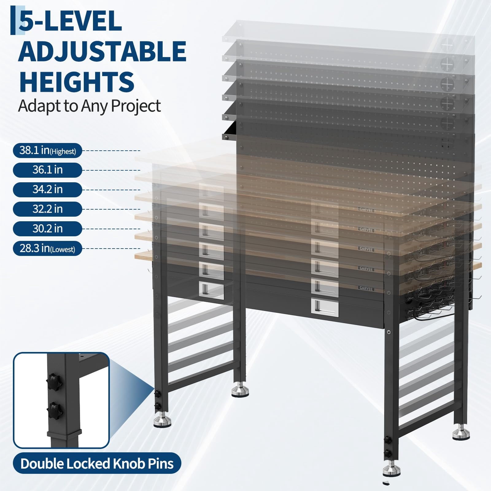 Garvee Work Tables for Workshop, 48 x 24 Workbench with Integrated Drawer, Back Panel & 5-Level Adjustable Height, Black