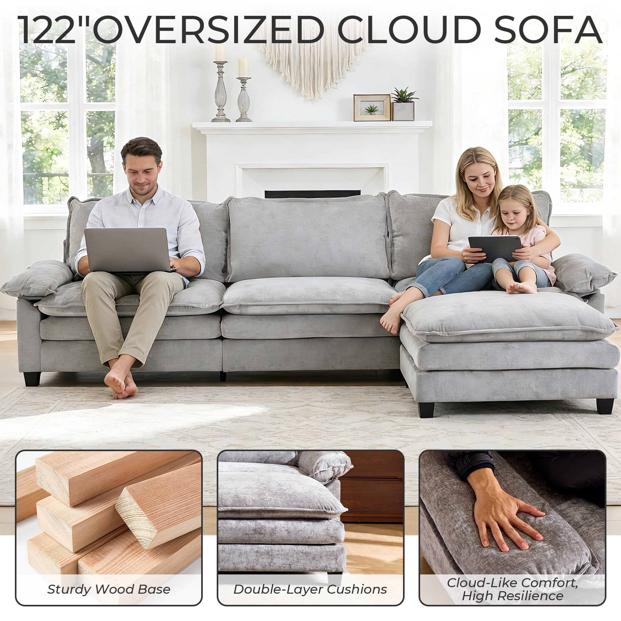 Ktaxon Sectional Sofa L Shaped Couch with Chaise Living Room Sleeper Set, 2 Seats with Chenille and Double Layer Cushions 86 W Beige