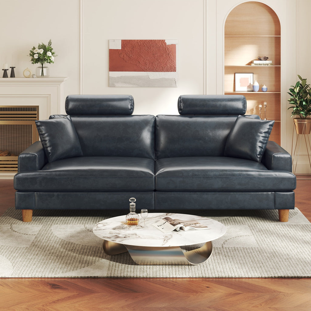 87 Sofa Premium PU Leather Couch with Headrest, Comfy 27 Extra Deep Seat 3 Seater Sofa for Living Room, Includes 2 Pillows, Black