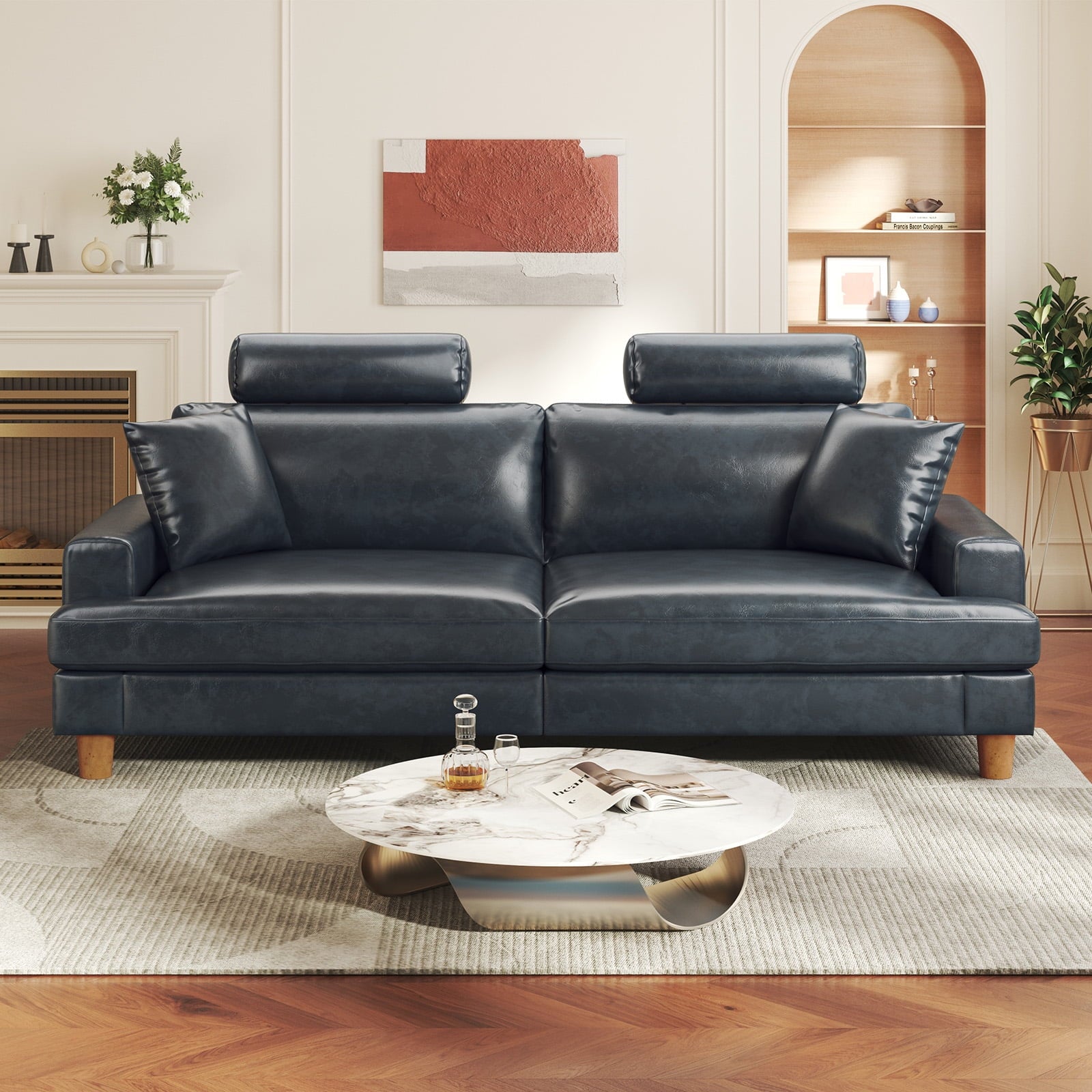87 Sofa Premium PU Leather Couch with Headrest, Comfy 27 Extra Deep Seat 3 Seater Sofa for Living Room, Includes 2 Pillows, Black