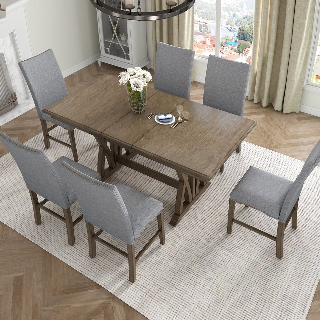 Harper & Bright Designs 7 Pieces Retro Dining Set for 6, Wood Rectangular Table with Designed Trestle Base and 6 Upholstered Chairs for Dining Room and Kitchen, Grey