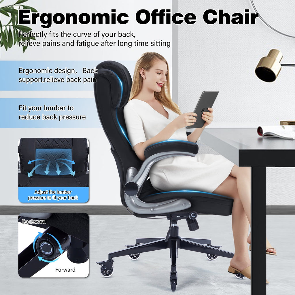 High Back Office Chair with Lockable Wheels, 400lbs Large Fabric Executive Desk Chair, Adjustable Lumbar Support Flip up Arms, Ergonomic Home Office Computer Chair with Storage Pocket, Black