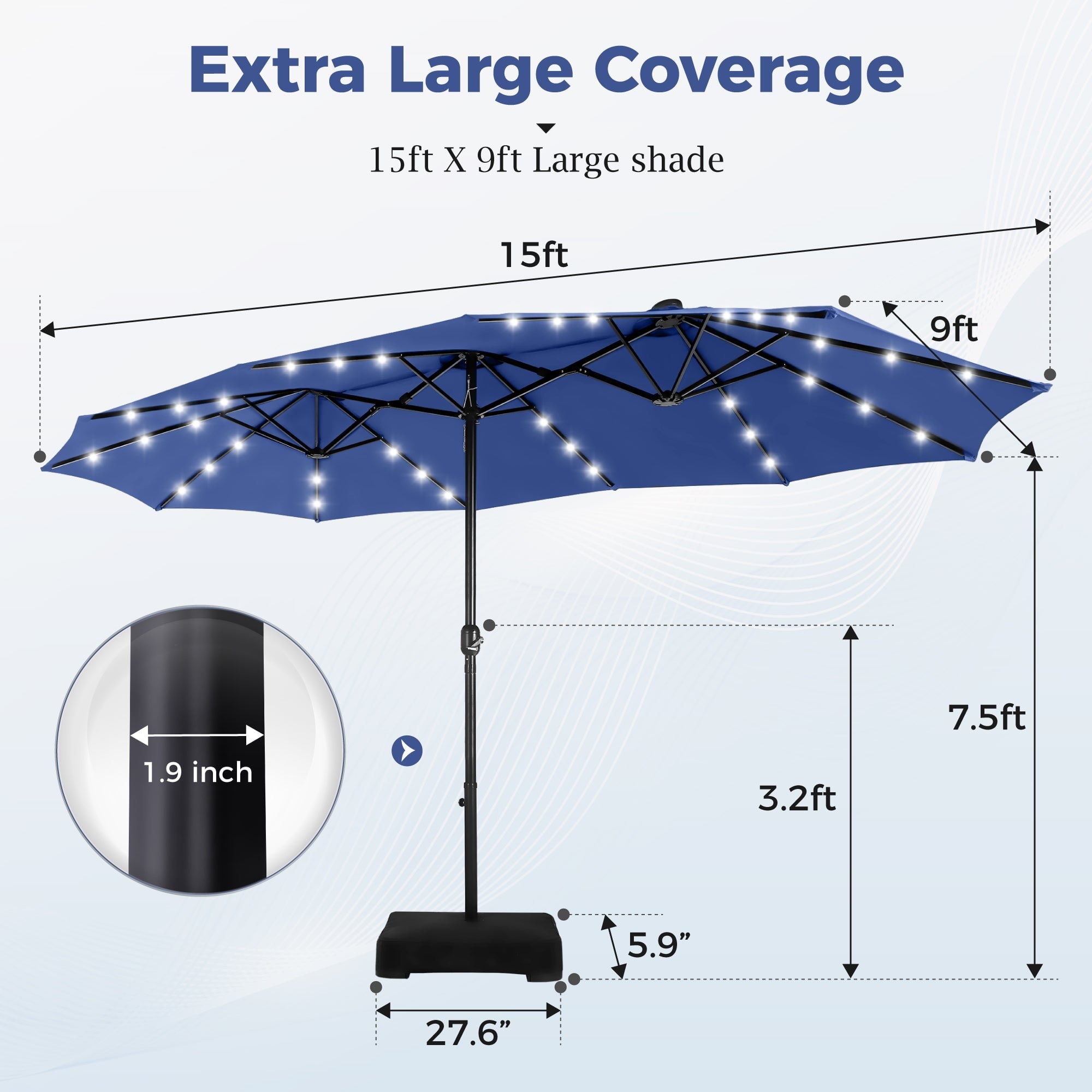 Alpha Joy 15ft Extra Large Outdoor Patio Double-Sided Umbrella with LED Solar Lights & Umbrella Base, Beige